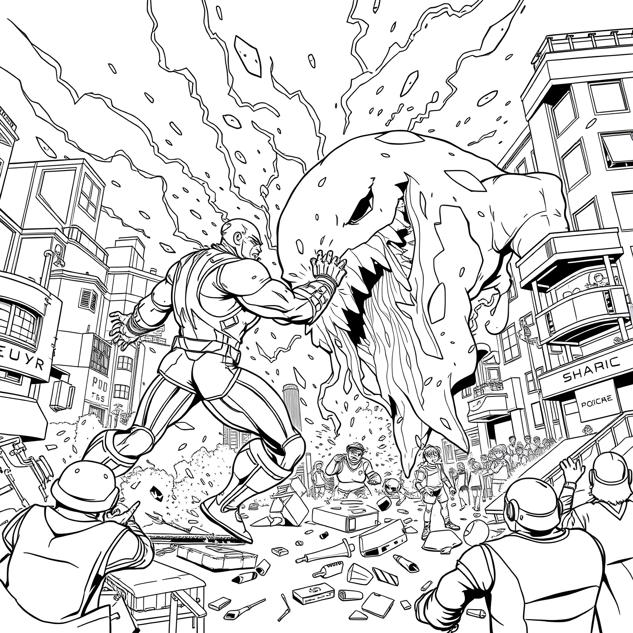 Bolt Man battles a monstrous creature in the city Coloring Page (free black-and-white line drawing printable PDF for all, from beginners to advanced learners, including children, teens, adults, and seniors)