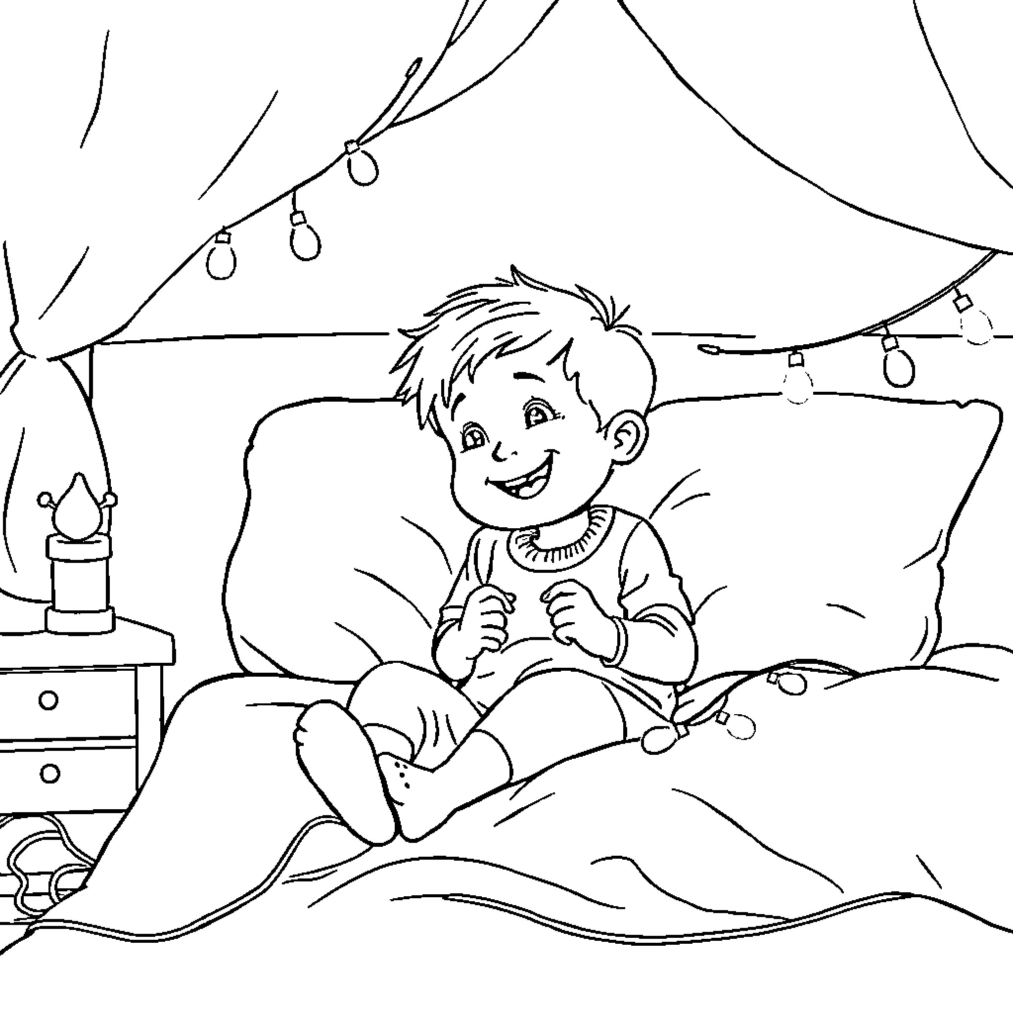 Boy having fun with bedroom decor Coloring Page (free black-and-white line drawing printable PDF for all, from beginners to advanced learners, including children, teens, adults, and seniors)