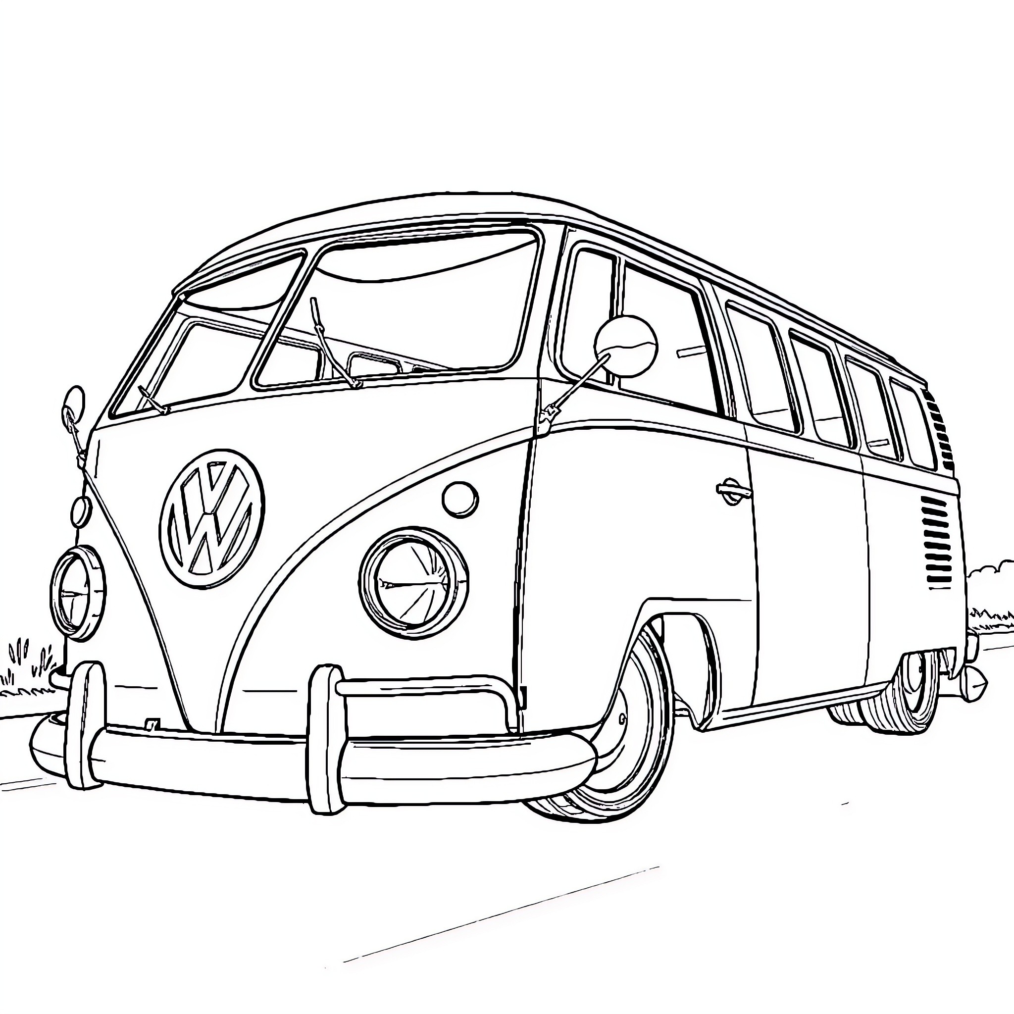 VW Bus parked on the road with open doors Coloring Page (free black-and-white line drawing printable PDF for all, from beginners to advanced learners, including children, teens, adults, and seniors)