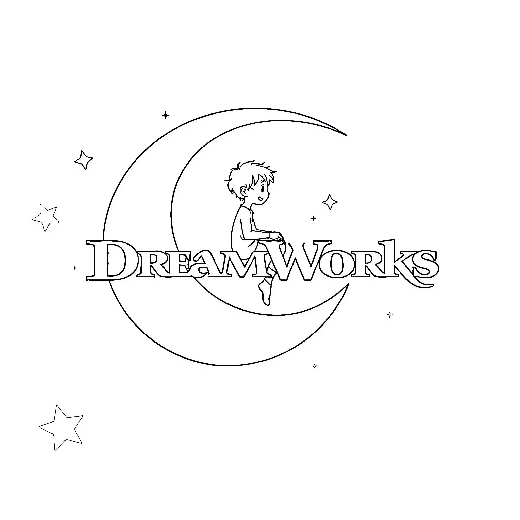 Dreamworks logo with a person sitting on the moon Coloring Page (free black-and-white line drawing printable PDF for all, from beginners to advanced learners, including children, teens, adults, and seniors)