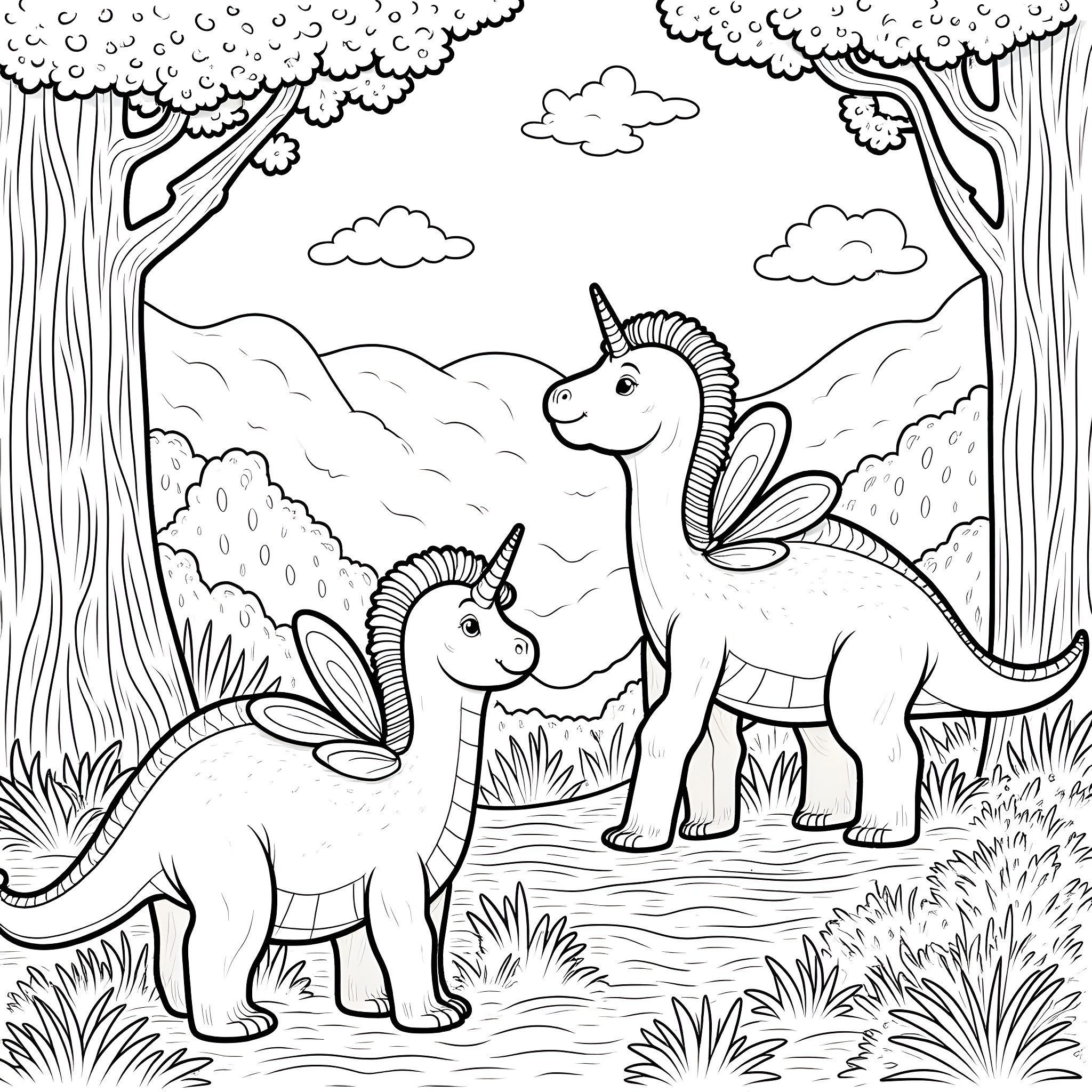 Dinosaurs exploring the magical forest Coloring Page (free black-and-white line drawing printable PDF for all, from beginners to advanced learners, including children, teens, adults, and seniors)