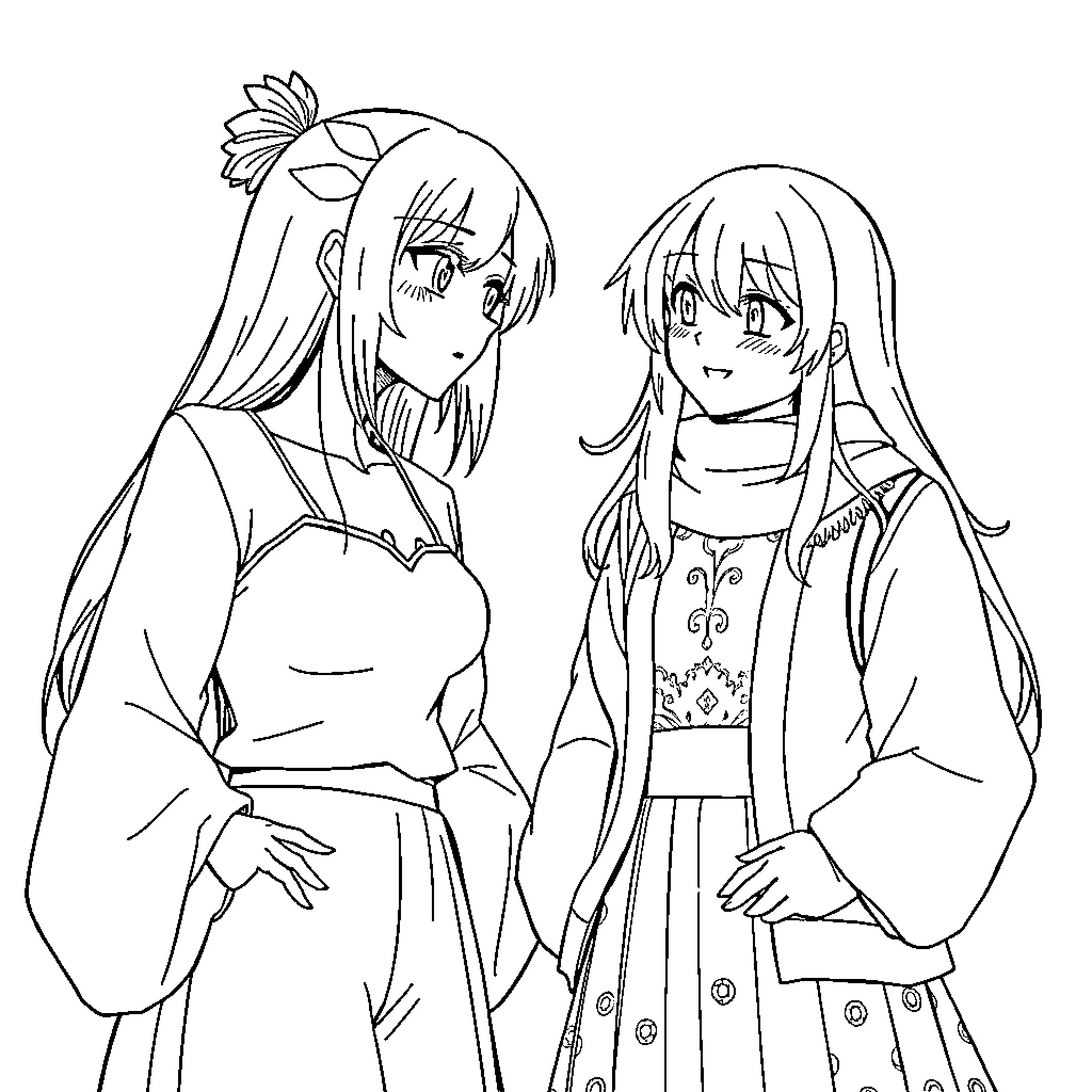 Hinata and friend chatting joyfully in traditional outfits Coloring Page (free black-and-white line drawing printable PDF for all, from beginners to advanced learners, including children, teens, adults, and seniors)