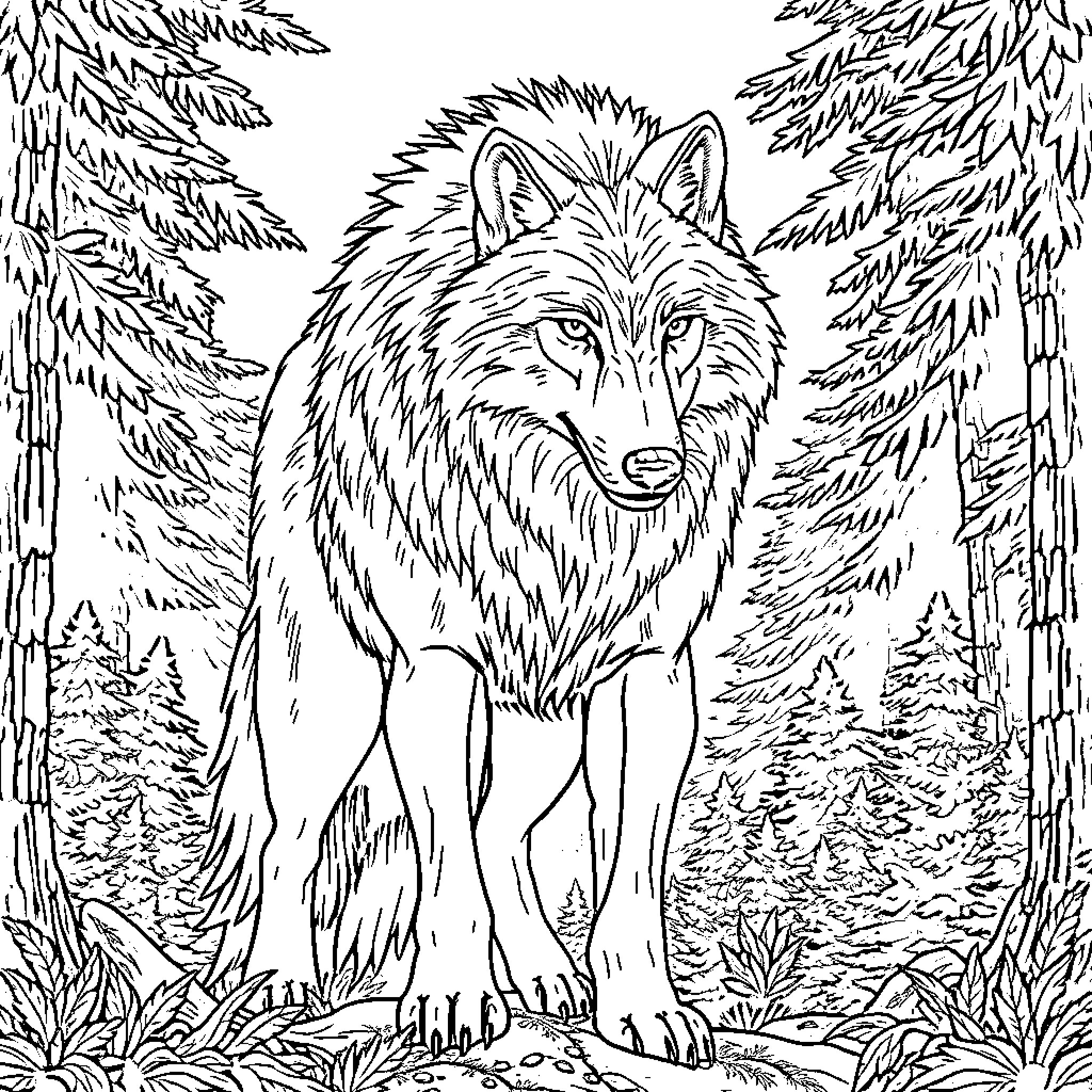 Wolf standing alert in forest scene Coloring Page (free black-and-white line drawing printable PDF for all, from beginners to advanced learners, including children, teens, adults, and seniors)