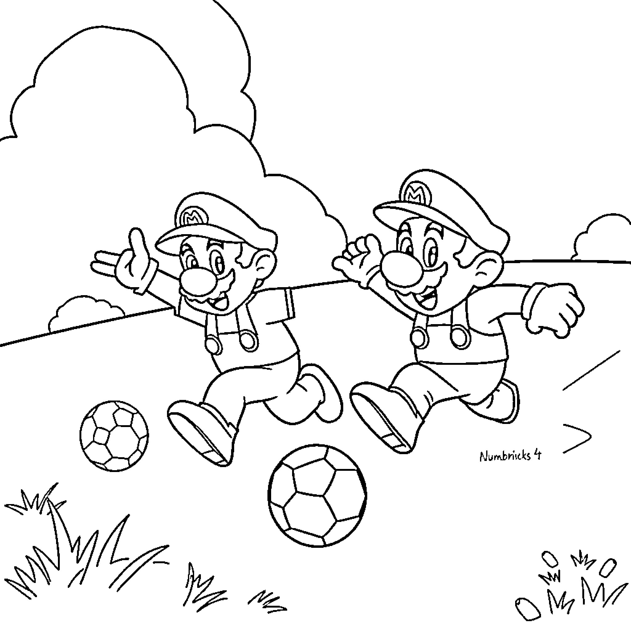 Numberblock characters playing soccer in a park Coloring Page (free black-and-white line drawing printable PDF for all, from beginners to advanced learners, including children, teens, adults, and seniors)