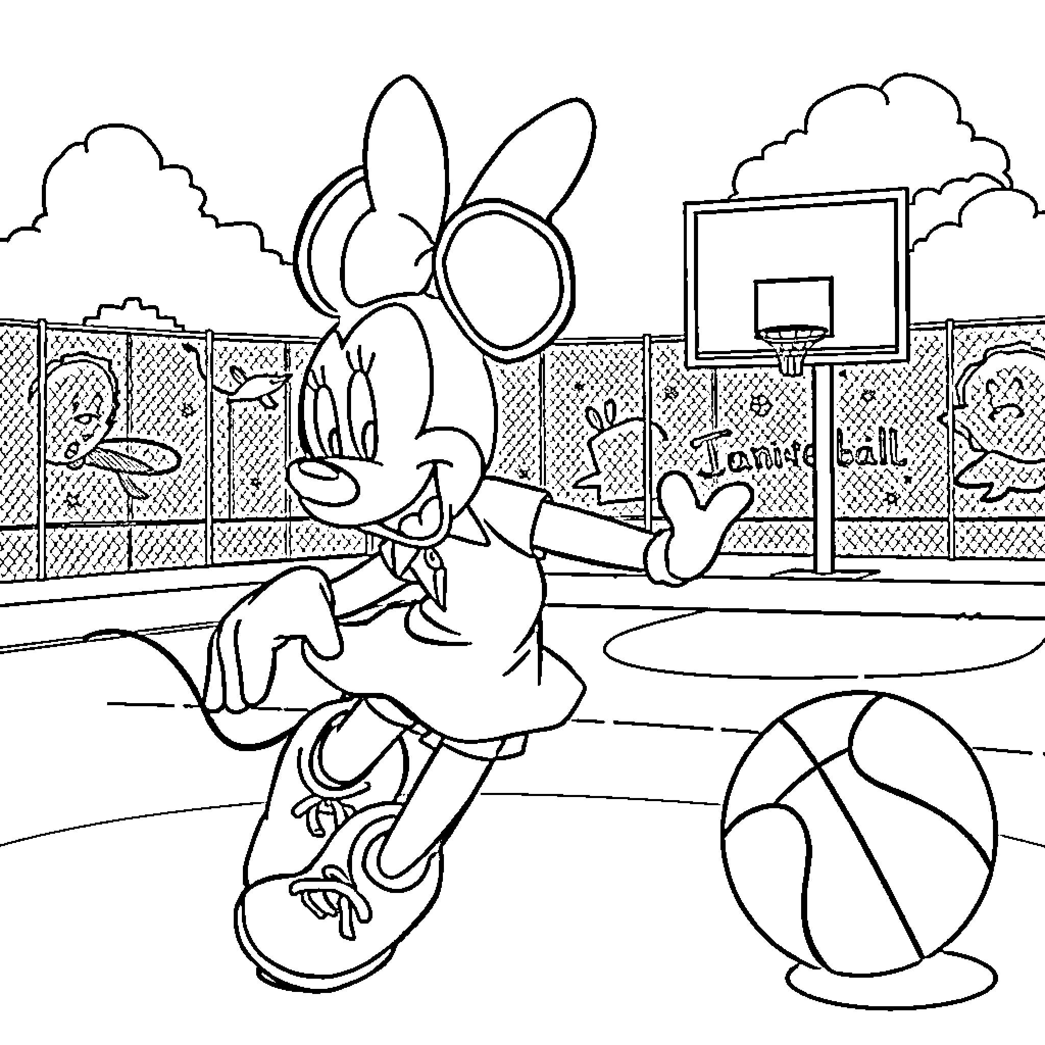 Minnie Mouse playing basketball on the court Coloring Page (free black-and-white line drawing printable PDF for all, from beginners to advanced learners, including children, teens, adults, and seniors)