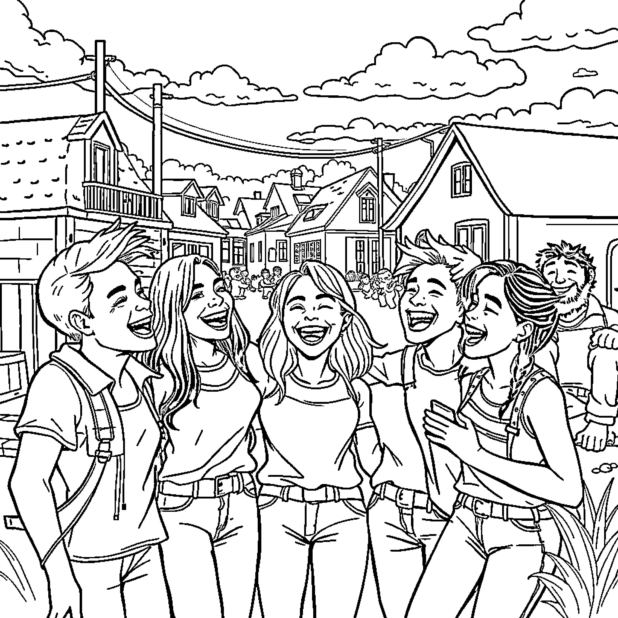 Town celebration with joyful people in casual outfits Coloring Page (free black-and-white line drawing printable PDF for all, from beginners to advanced learners, including children, teens, adults, and seniors)