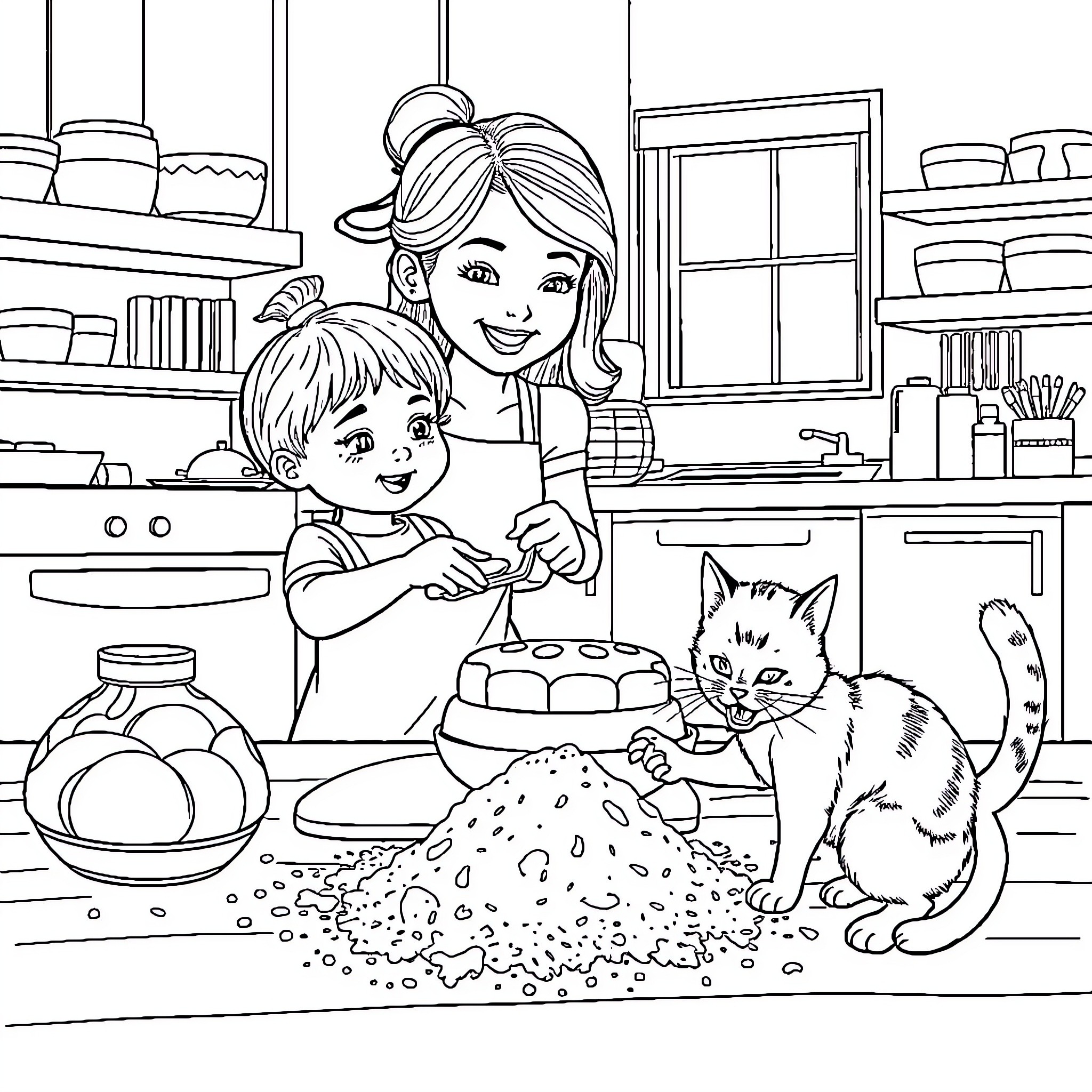 Daughter and child baking with cat in kitchen Coloring Page (free black-and-white line drawing printable PDF for all, from beginners to advanced learners, including children, teens, adults, and seniors)
