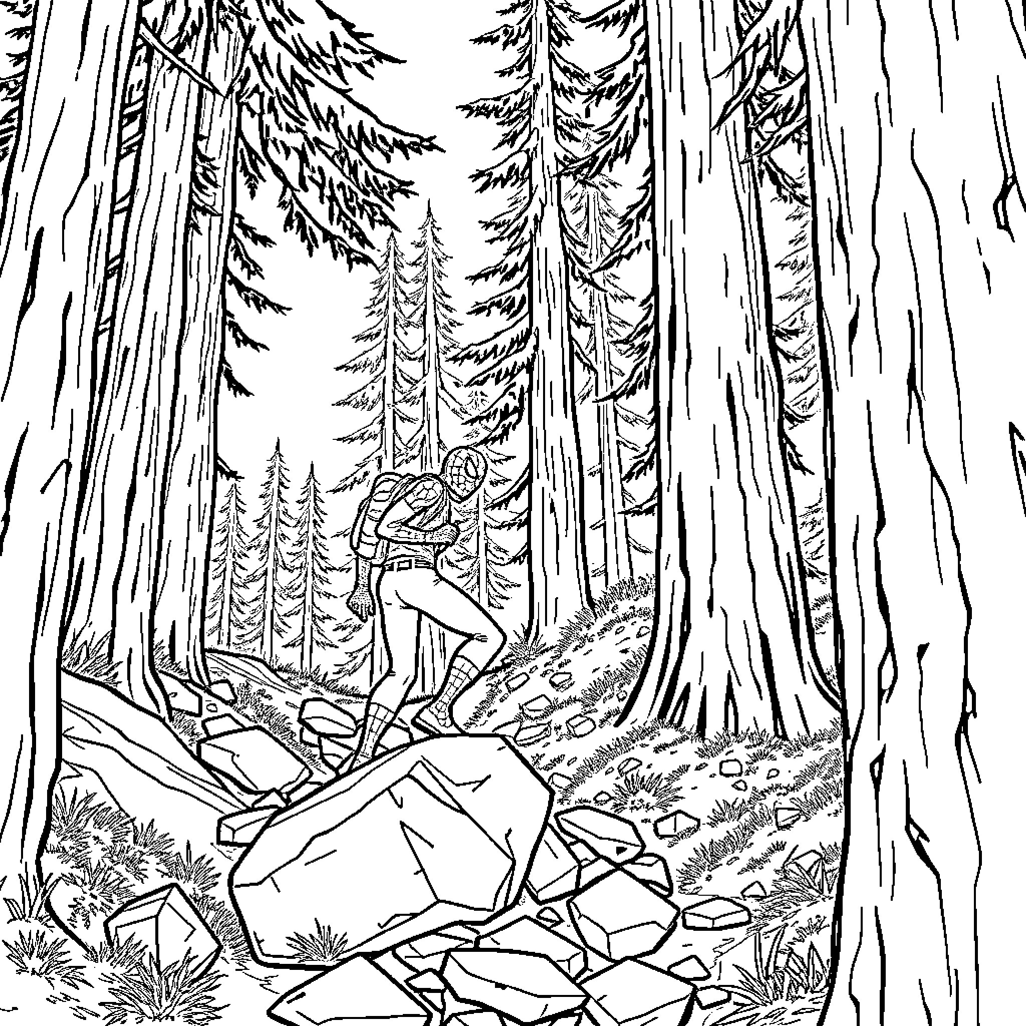 Spidey explores the enchanting forest Coloring Page (free black-and-white line drawing printable PDF for all, from beginners to advanced learners, including children, teens, adults, and seniors)