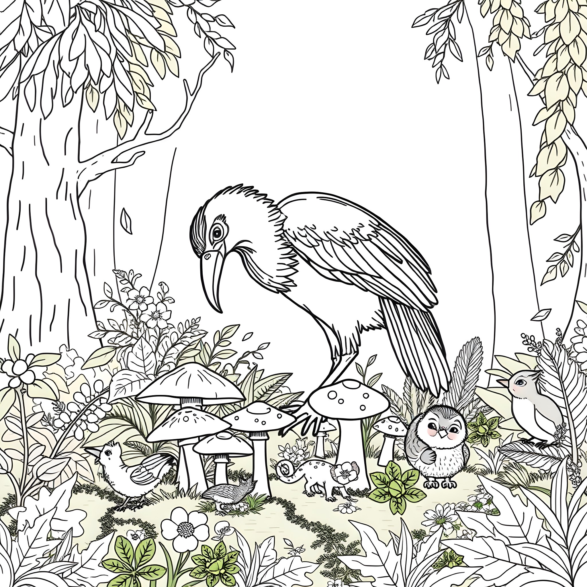 Bird exploring a whimsical forest scene Coloring Page (free black-and-white line drawing printable PDF for all, from beginners to advanced learners, including children, teens, adults, and seniors)