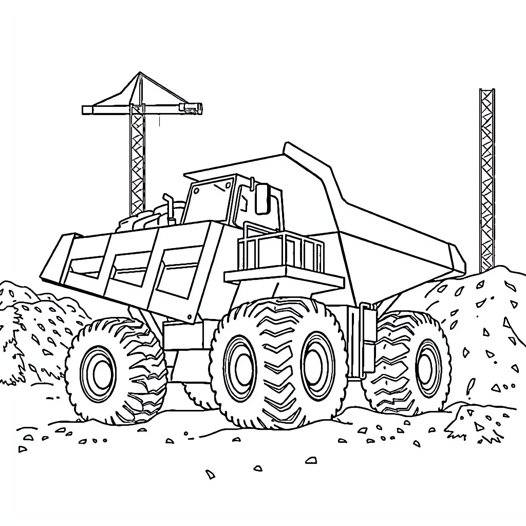 Dumper truck moving heavy construction materials Coloring Page (free black-and-white line drawing printable PDF for all, from beginners to advanced learners, including children, teens, adults, and seniors)