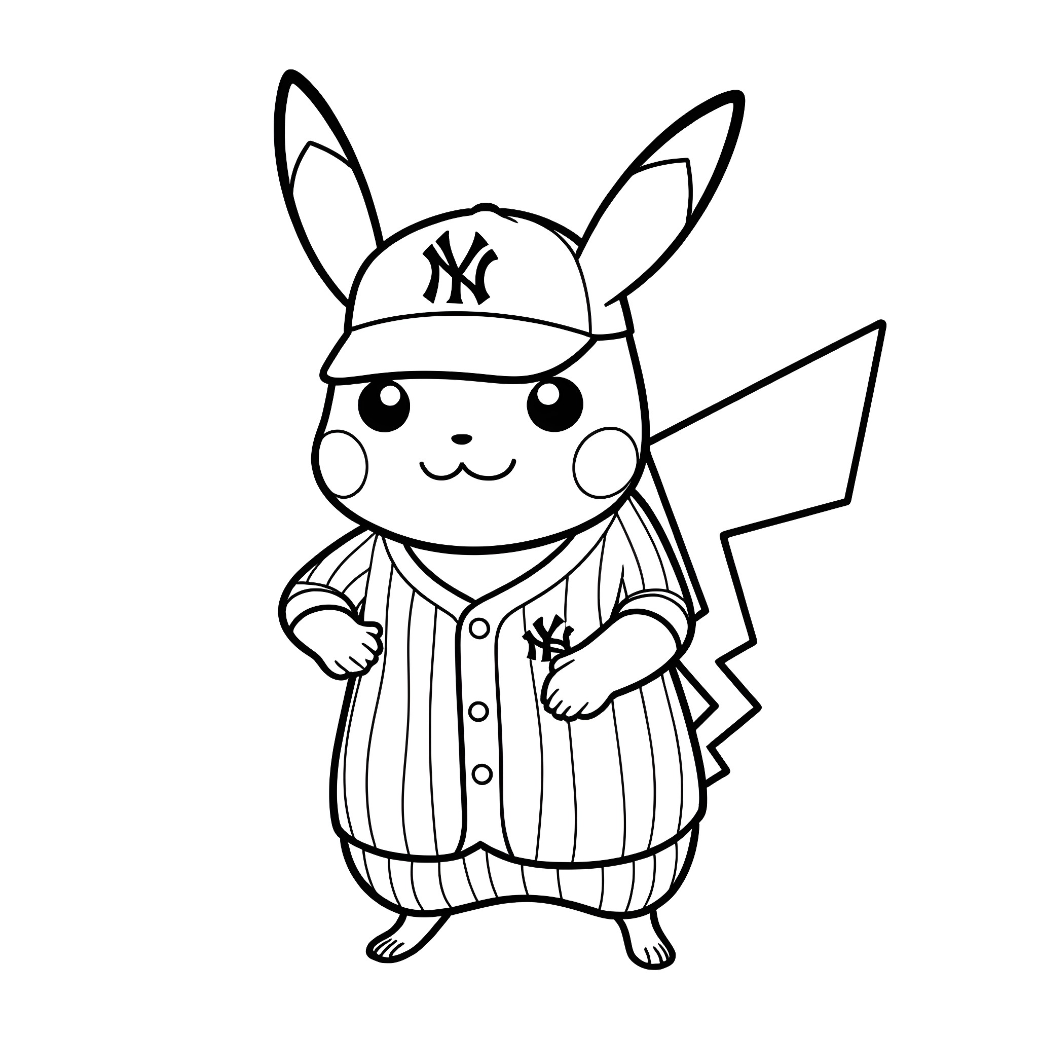 Pikachu in baseball uniform Coloring Page (free black-and-white line drawing printable PDF for all, from beginners to advanced learners, including children, teens, adults, and seniors)