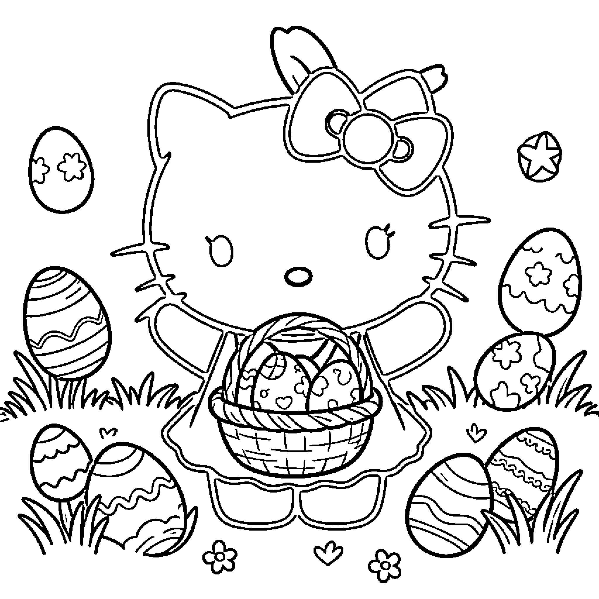 Hello Kitty collecting Easter eggs in a basket Coloring Page (free black-and-white line drawing printable PDF for all, from beginners to advanced learners, including children, teens, adults, and seniors)