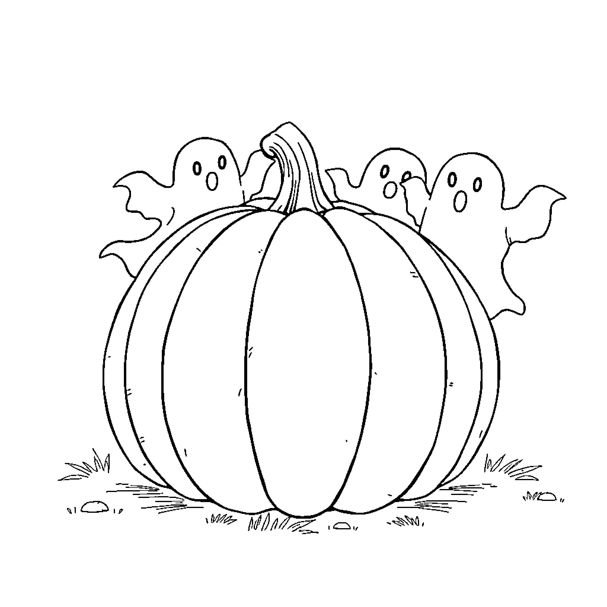 Pumpkin with playful ghosts Coloring Page (free black-and-white line drawing printable PDF for all, from beginners to advanced learners, including children, teens, adults, and seniors)