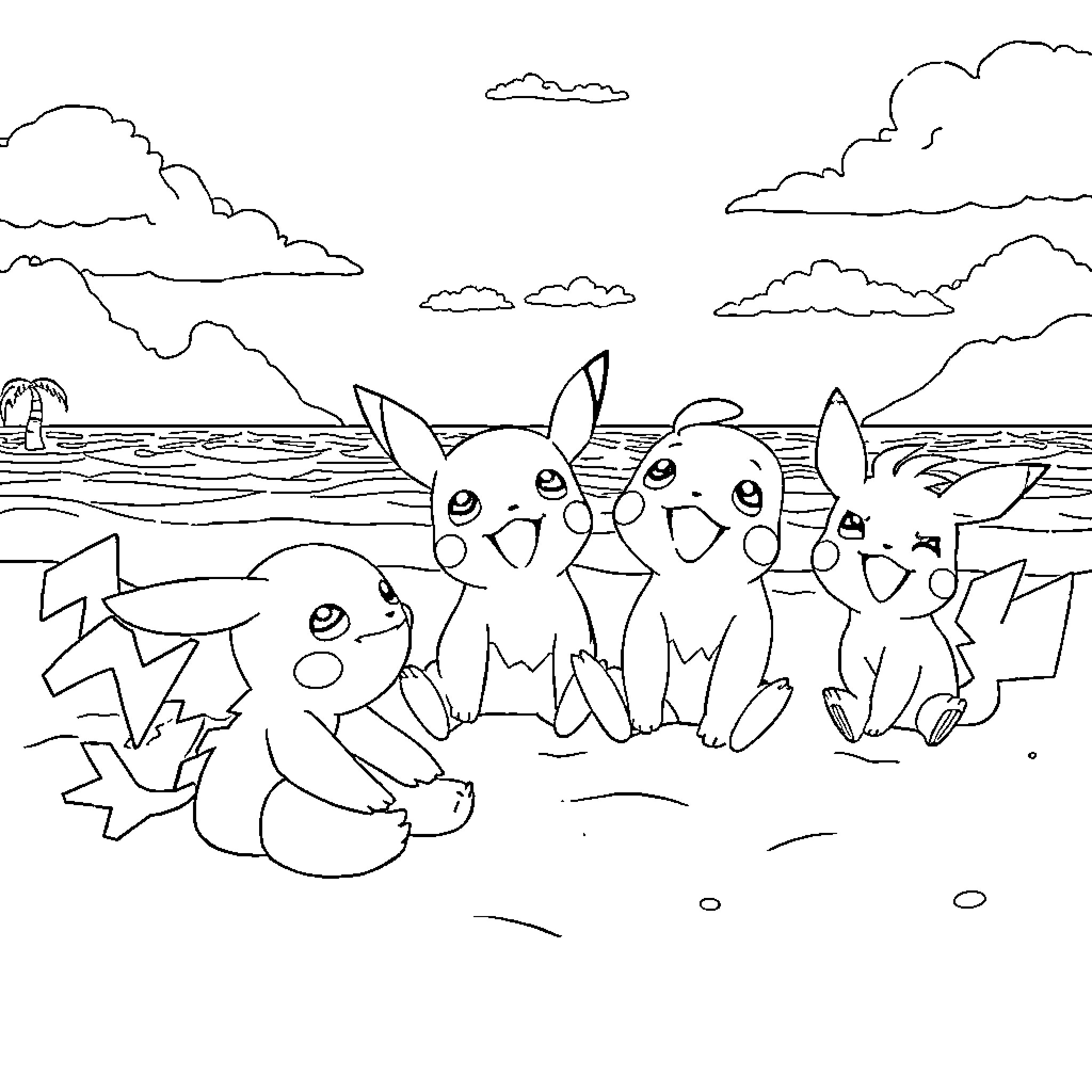 Pokémon characters enjoying a scenic beach setting Coloring Page (free black-and-white line drawing printable PDF for all, from beginners to advanced learners, including children, teens, adults, and seniors)