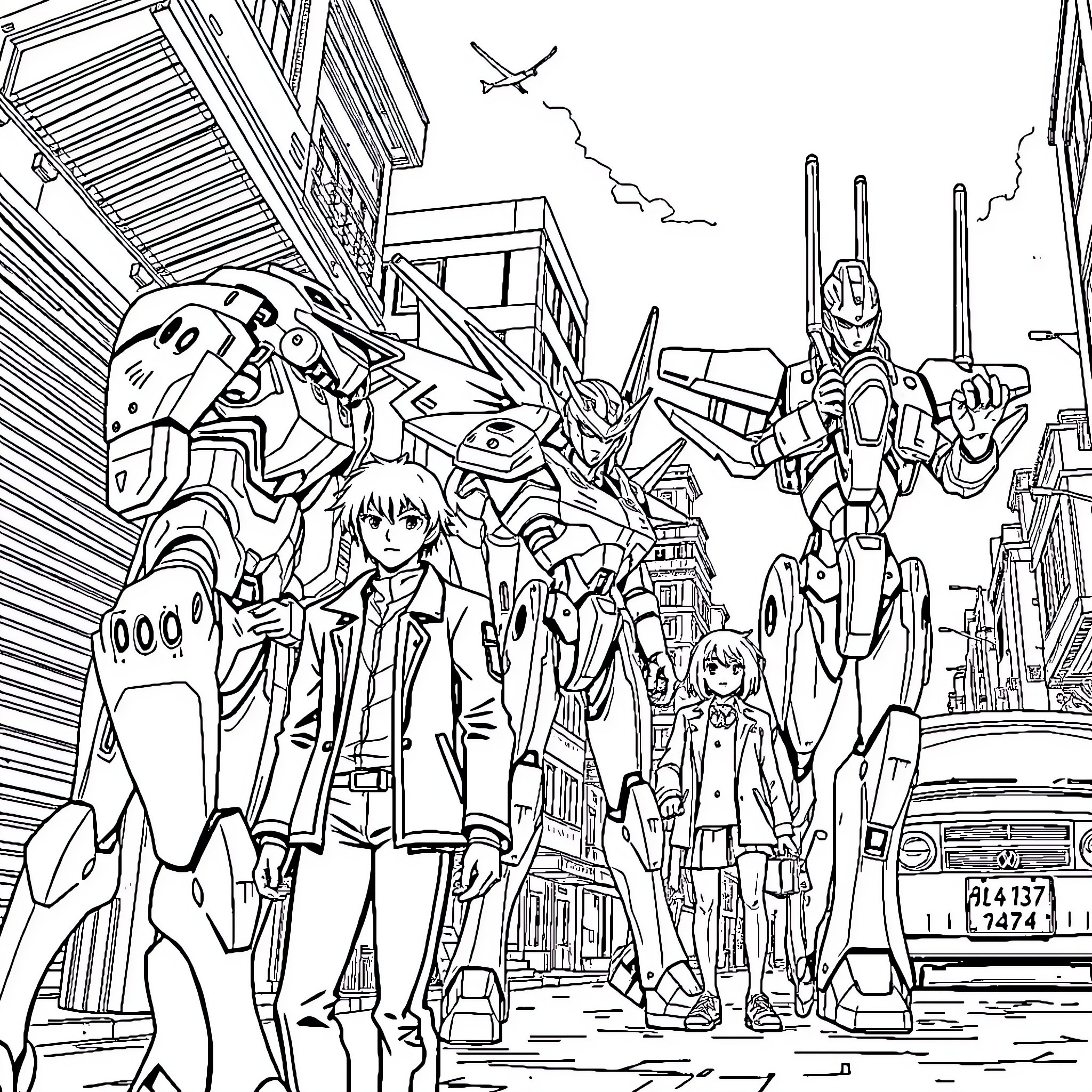 Evangelion Characters in Futuristic City Scene Coloring Page (free black-and-white line drawing printable PDF for all, from beginners to advanced learners, including children, teens, adults, and seniors)