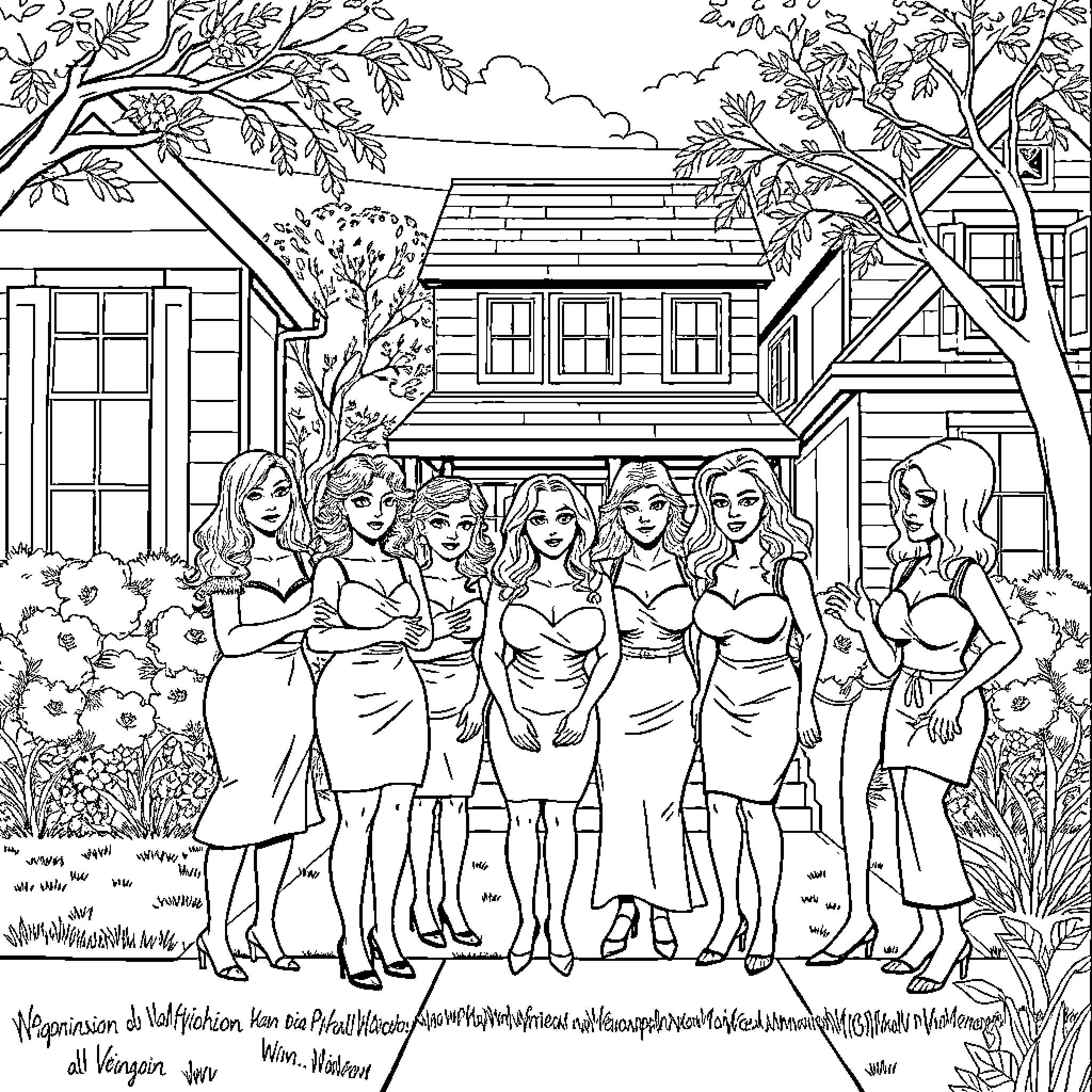 Housewives in summer gathering at the rural cottage Coloring Page (free black-and-white line drawing printable PDF for all, from beginners to advanced learners, including children, teens, adults, and seniors)