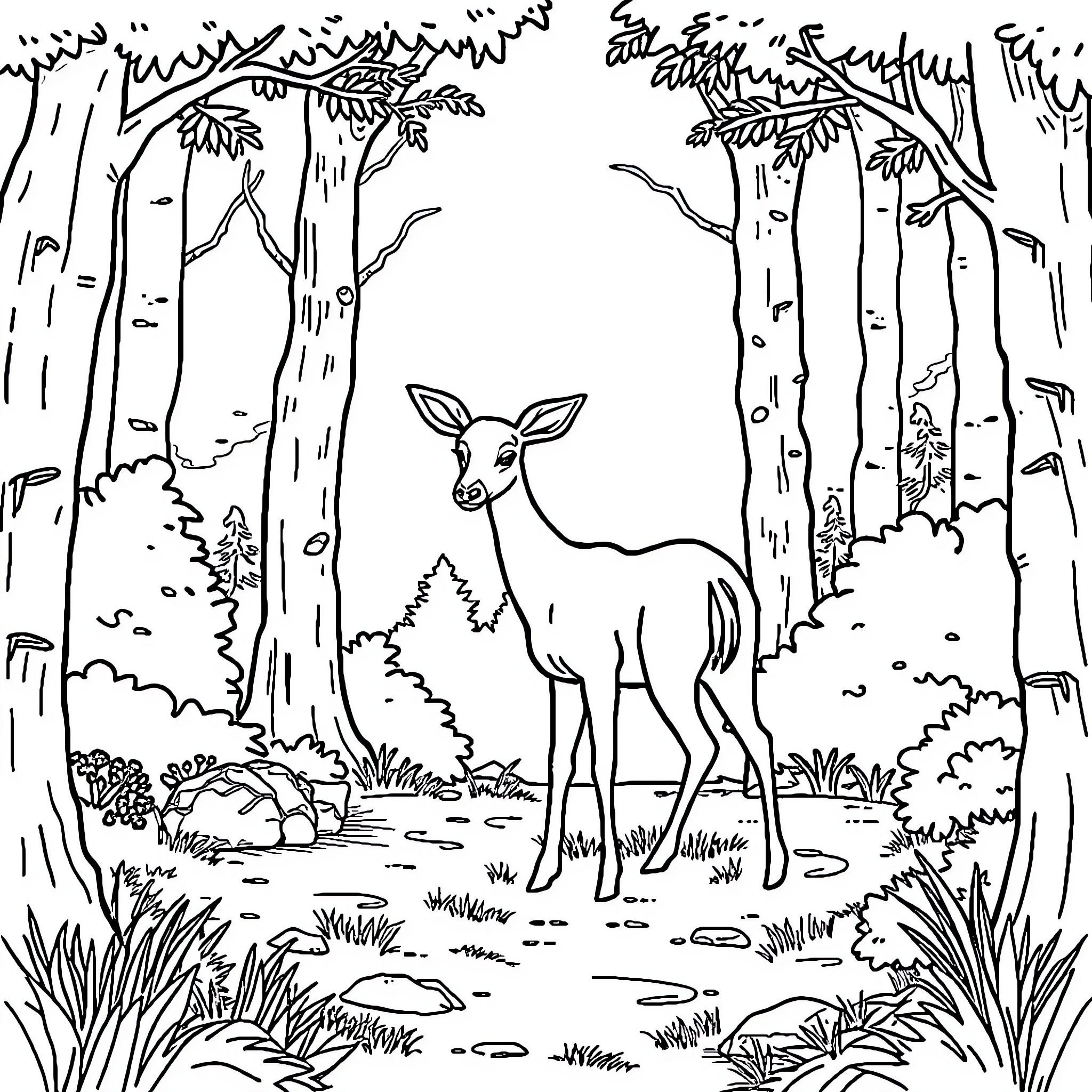 Deer standing peacefully in a lush forest Coloring Page (free black-and-white line drawing printable PDF for all, from beginners to advanced learners, including children, teens, adults, and seniors)