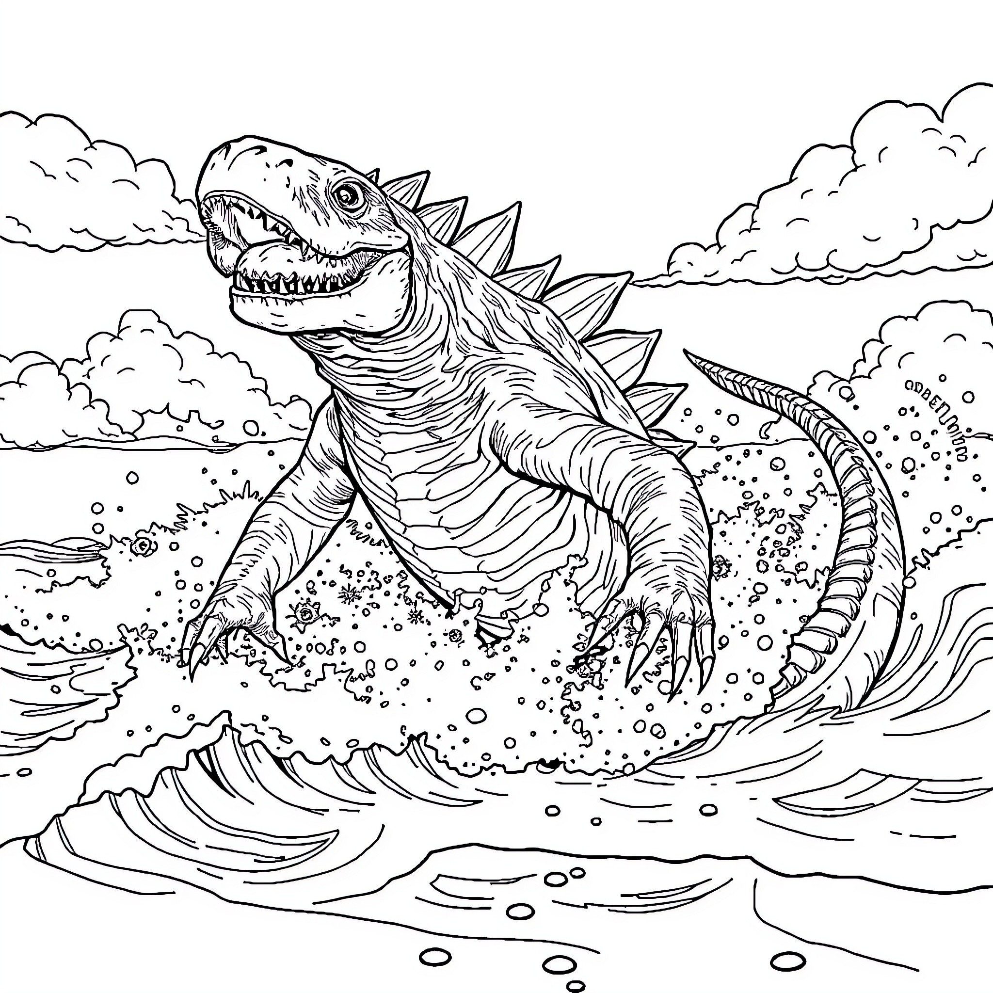 Monstruo Dinosaur Surfing Through Waves Coloring Page (free black-and-white line drawing printable PDF for all, from beginners to advanced learners, including children, teens, adults, and seniors)