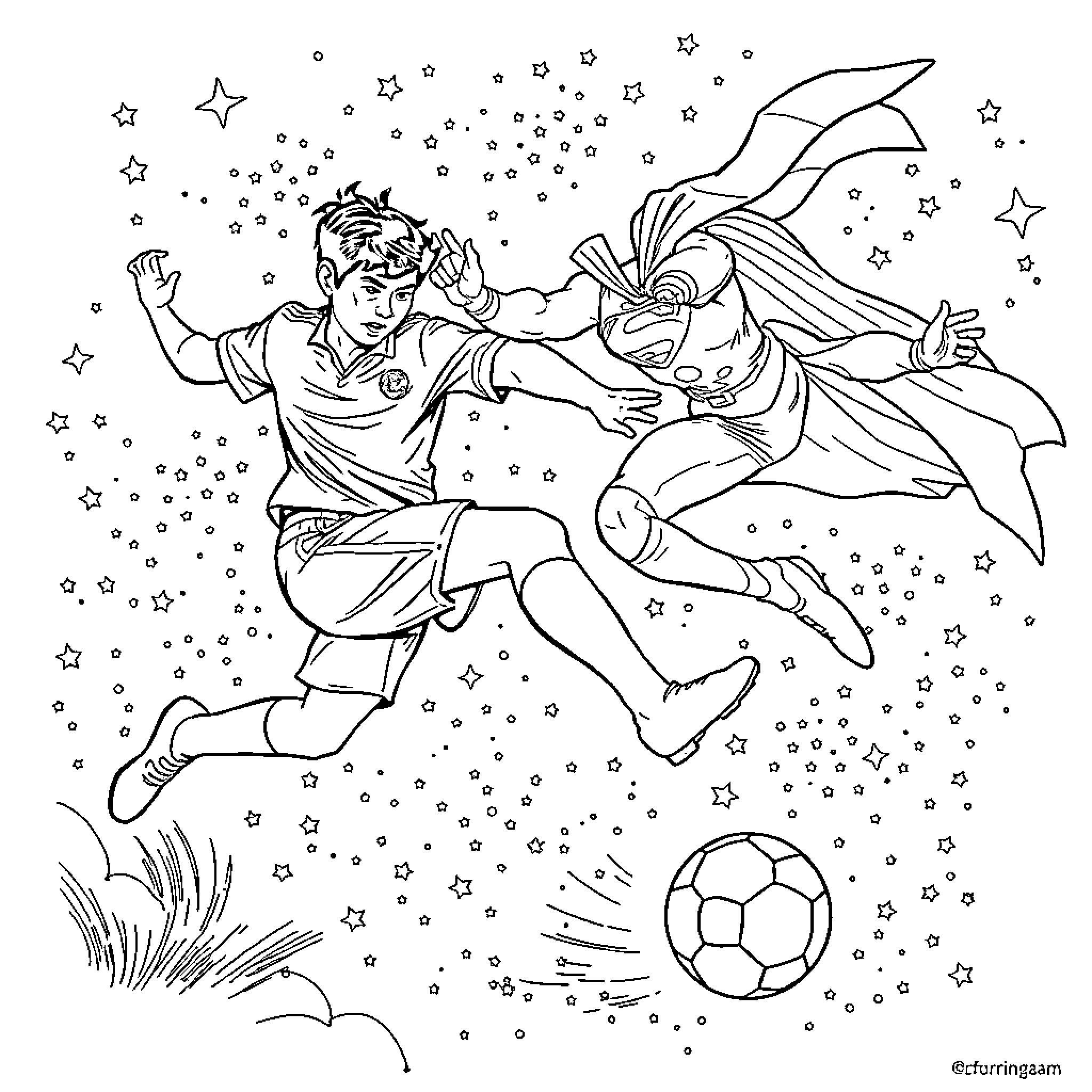 Jackie Chan battles alien foes in cosmic soccer match Coloring Page (free black-and-white line drawing printable PDF for all, from beginners to advanced learners, including children, teens, adults, and seniors)