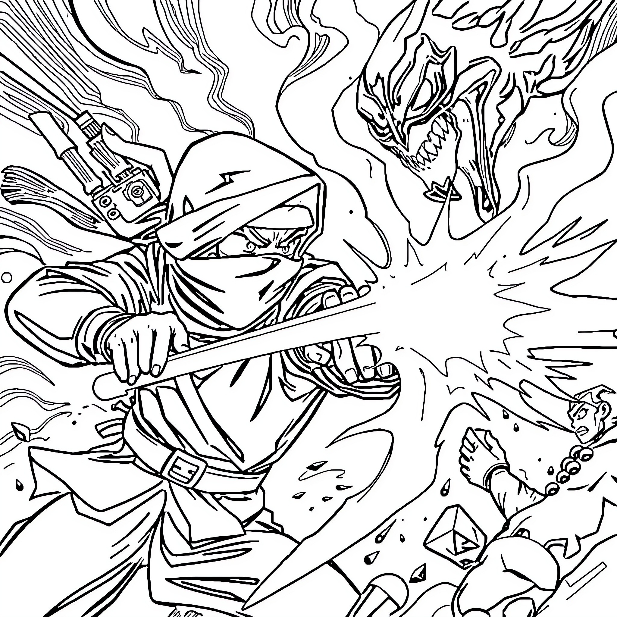 Ninja warrior battling fierce dragon in epic showdown Coloring Page (free black-and-white line drawing printable PDF for all, from beginners to advanced learners, including children, teens, adults, and seniors)
