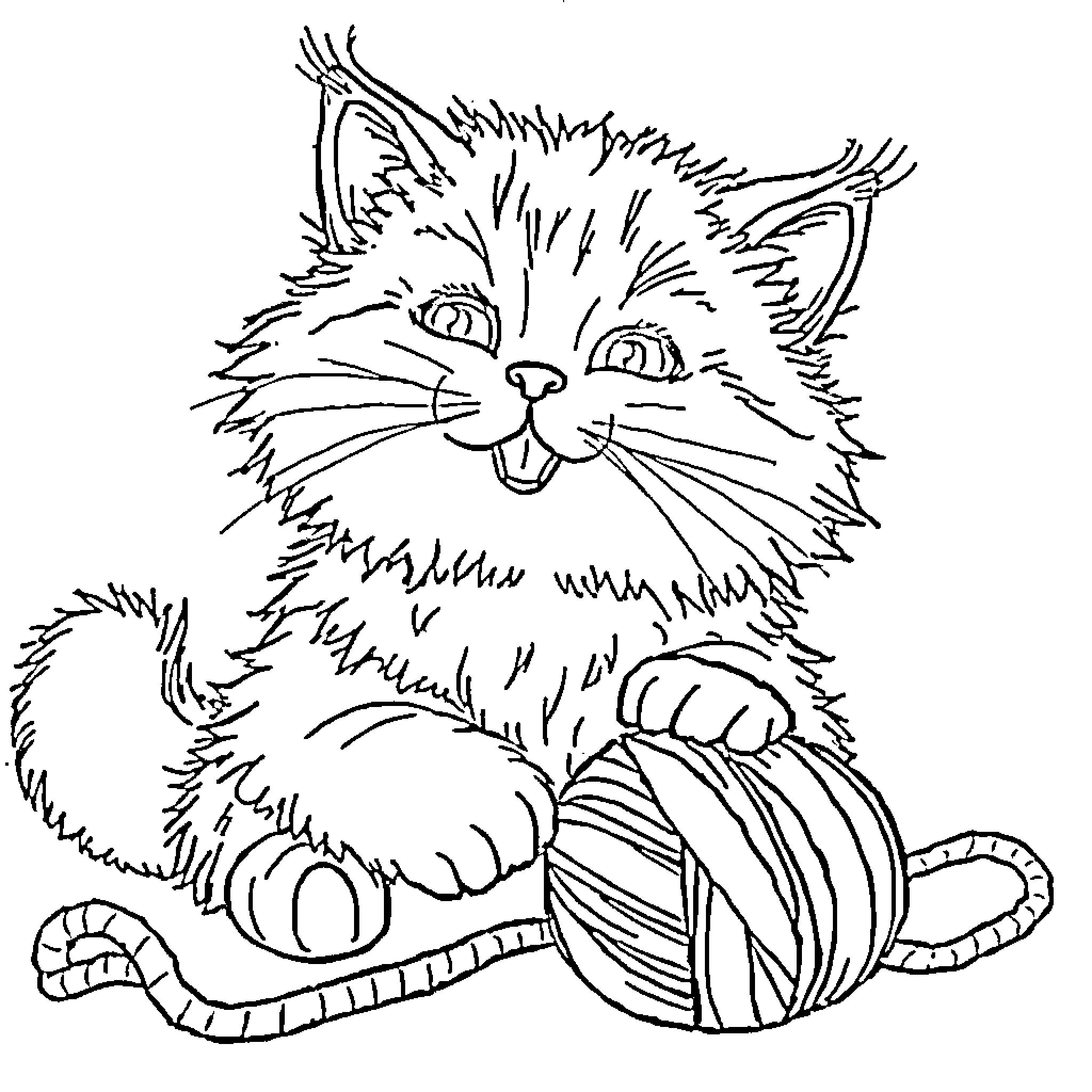 Cat playing with yarn Coloring Page (free black-and-white line drawing printable PDF for all, from beginners to advanced learners, including children, teens, adults, and seniors)