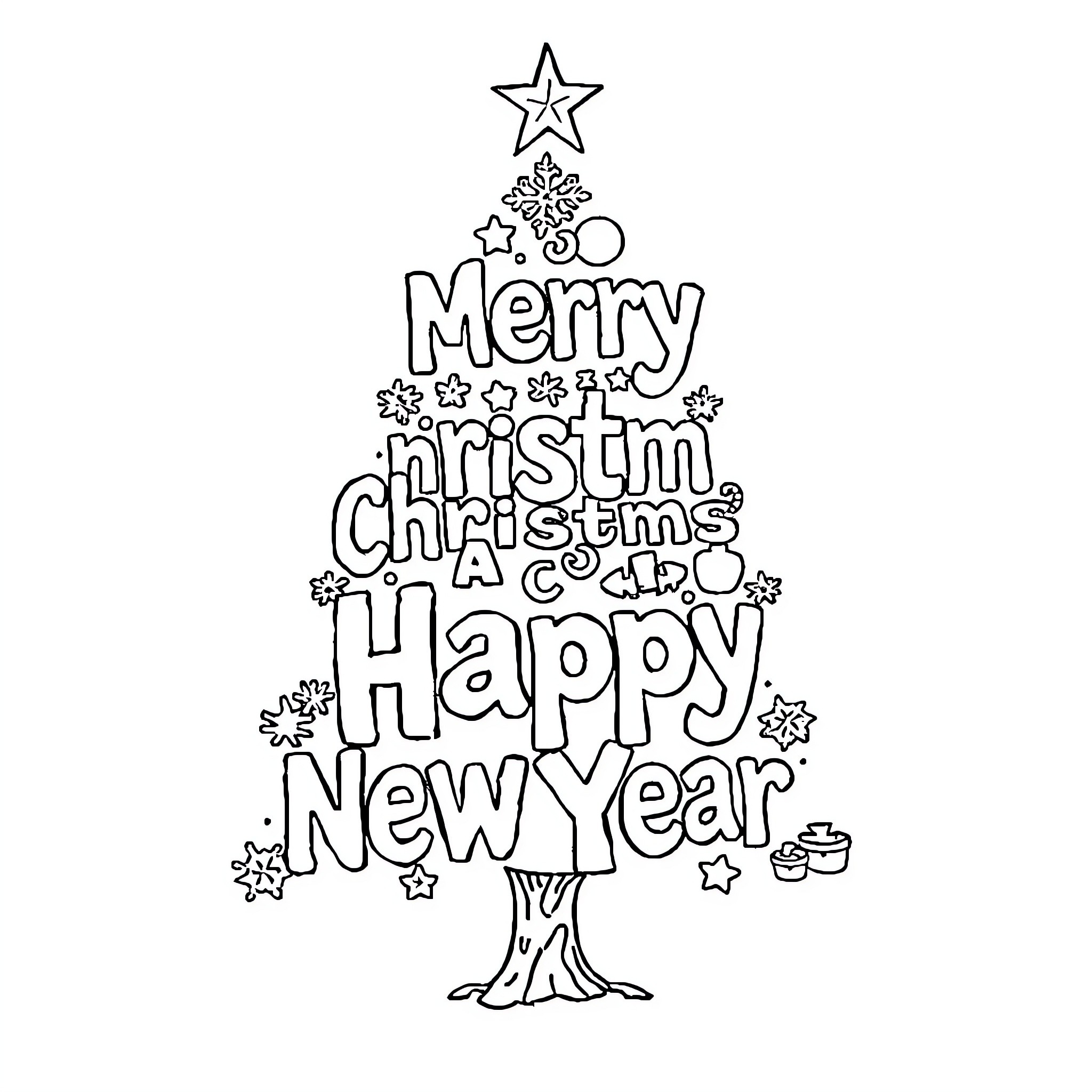 Christmas Tree with Holiday Greetings Coloring Page (free black-and-white line drawing printable PDF for all, from beginners to advanced learners, including children, teens, adults, and seniors)