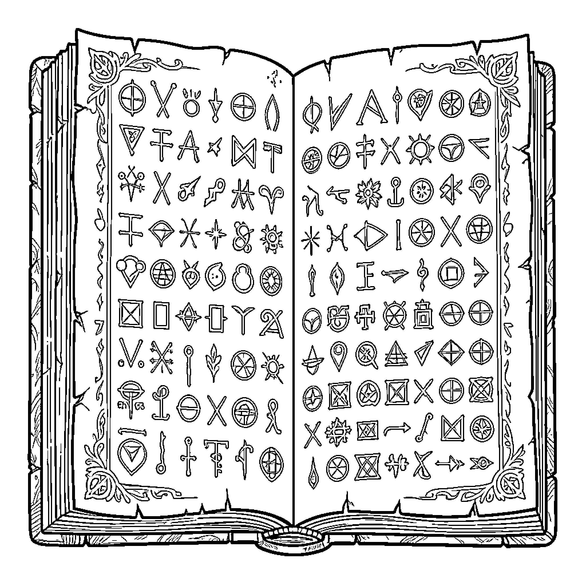 Book displaying various mystical symbols and arcane runes Coloring Page (free black-and-white line drawing printable PDF for all, from beginners to advanced learners, including children, teens, adults, and seniors)