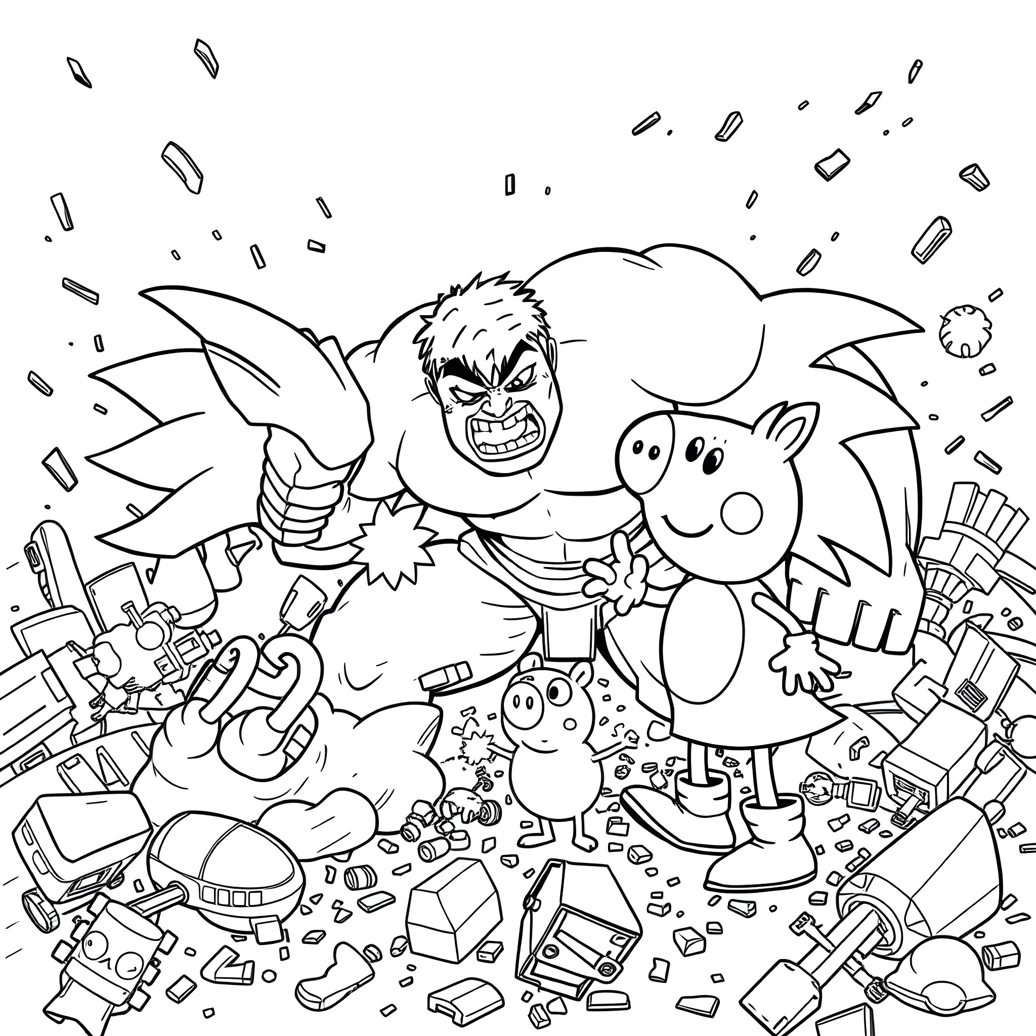 Hulk Smashing through a Chaotic Mess of Gadgets and Gizmos Coloring Page (free black-and-white line drawing printable PDF for all, from beginners to advanced learners, including children, teens, adults, and seniors)