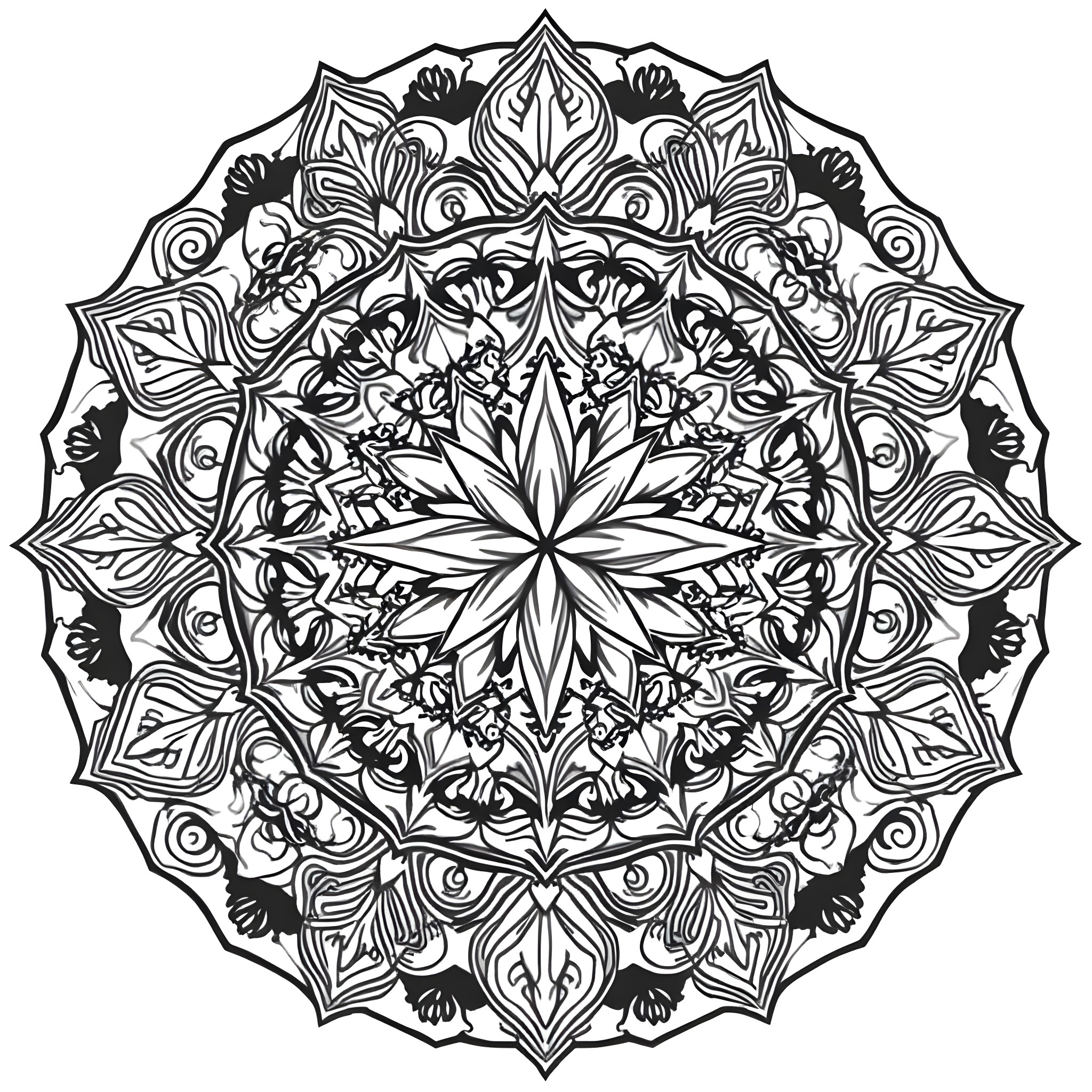 Mandala with intricate floral patterns and symmetrical designs Coloring Page (free black-and-white line drawing printable PDF for all, from beginners to advanced learners, including children, teens, adults, and seniors)