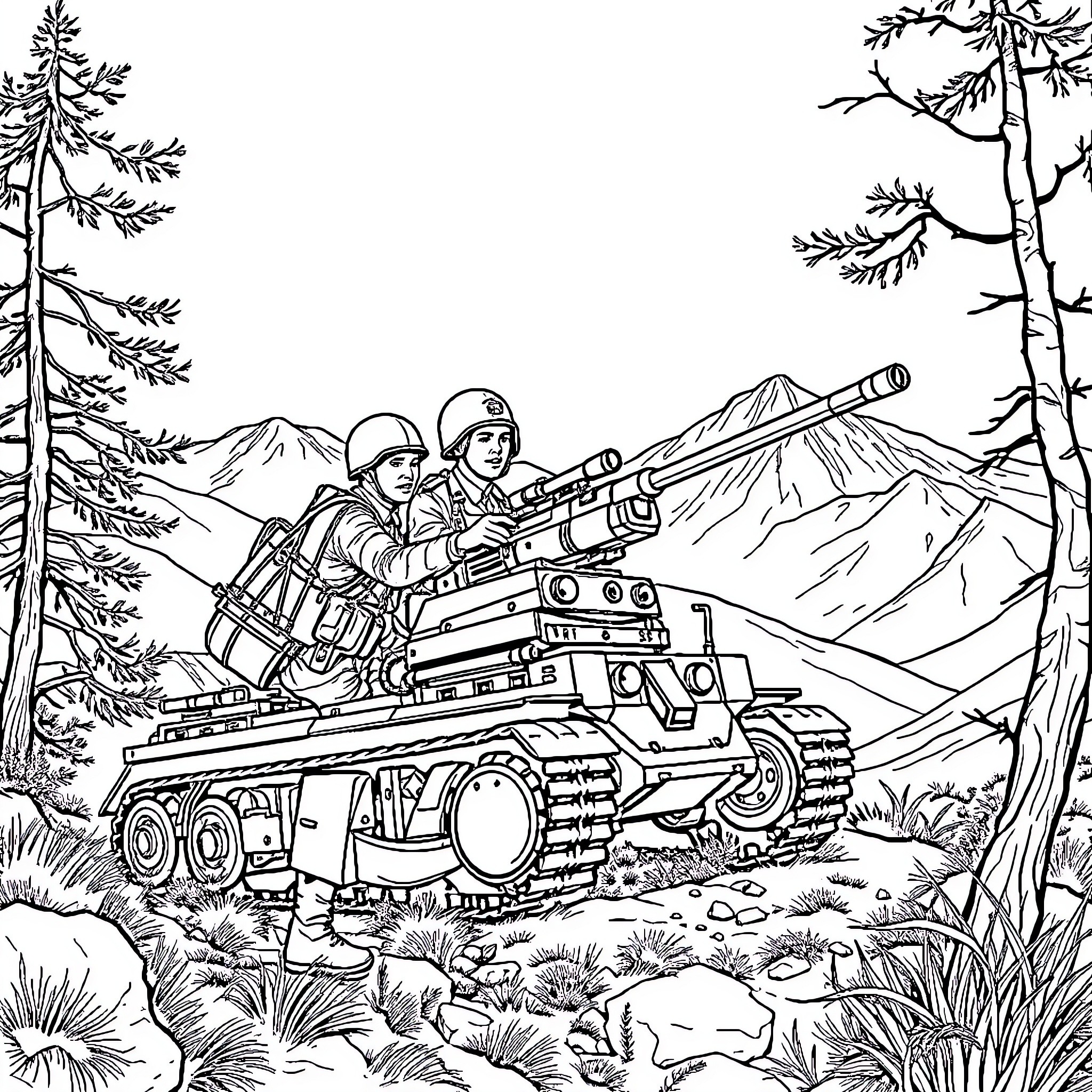 Soldier operating military tank in mountainous terrain Coloring Page (free black-and-white line drawing printable PDF for all, from beginners to advanced learners, including children, teens, adults, and seniors)