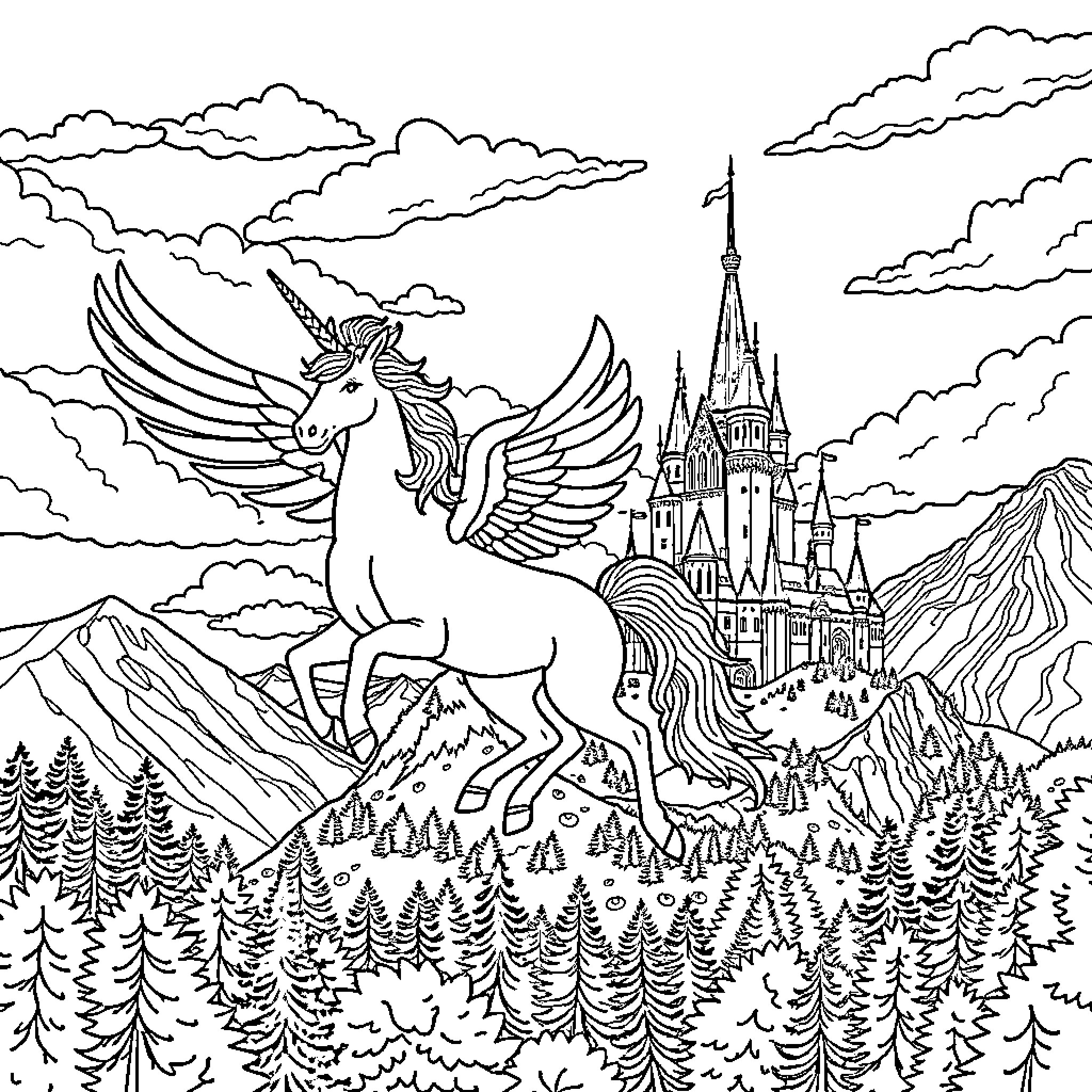 Unicorn soaring over a fantasy castle landscape Coloring Page (free black-and-white line drawing printable PDF for all, from beginners to advanced learners, including children, teens, adults, and seniors)