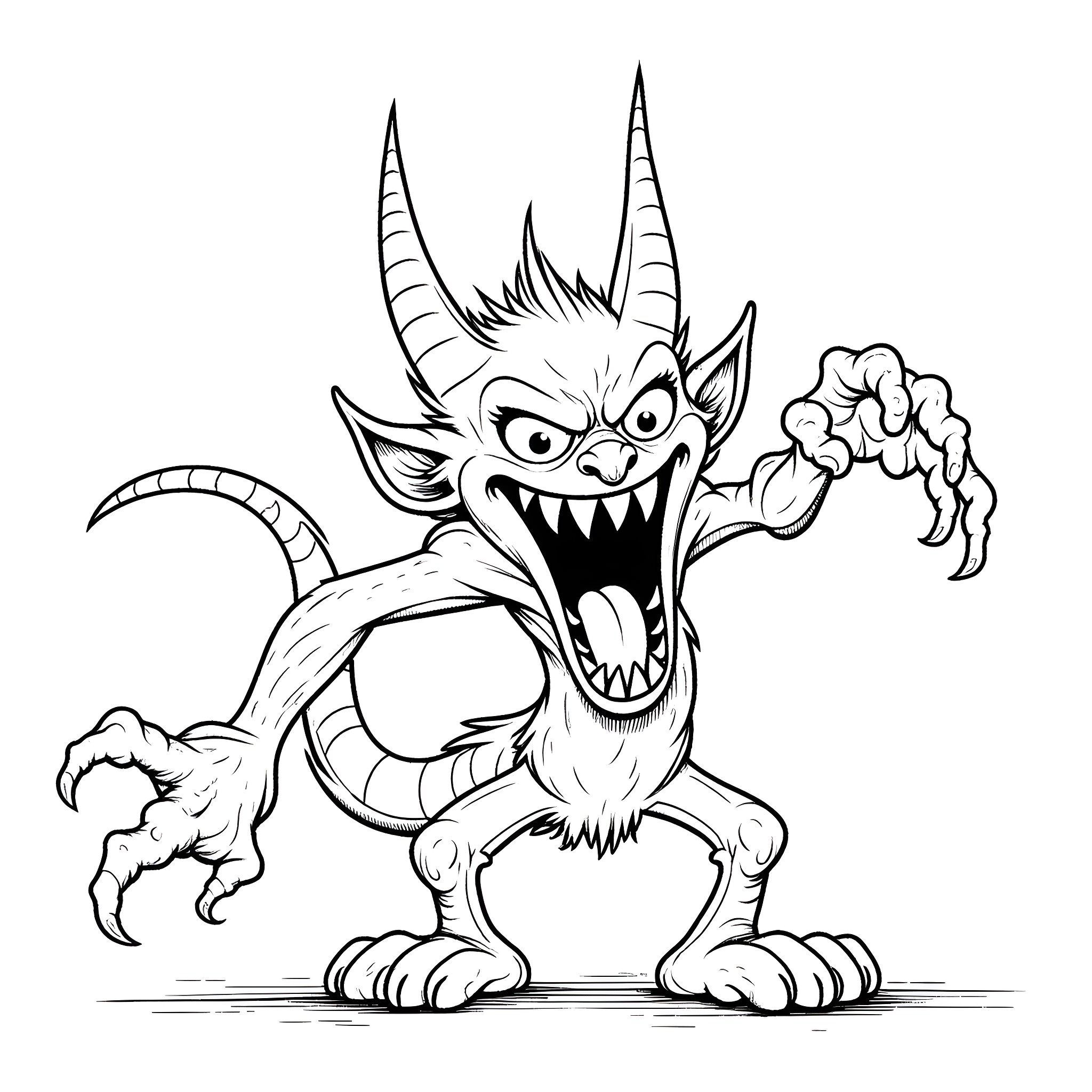 Demonic Creature with Claws and Fangs Coloring Page (free black-and-white line drawing printable PDF for all, from beginners to advanced learners, including children, teens, adults, and seniors)