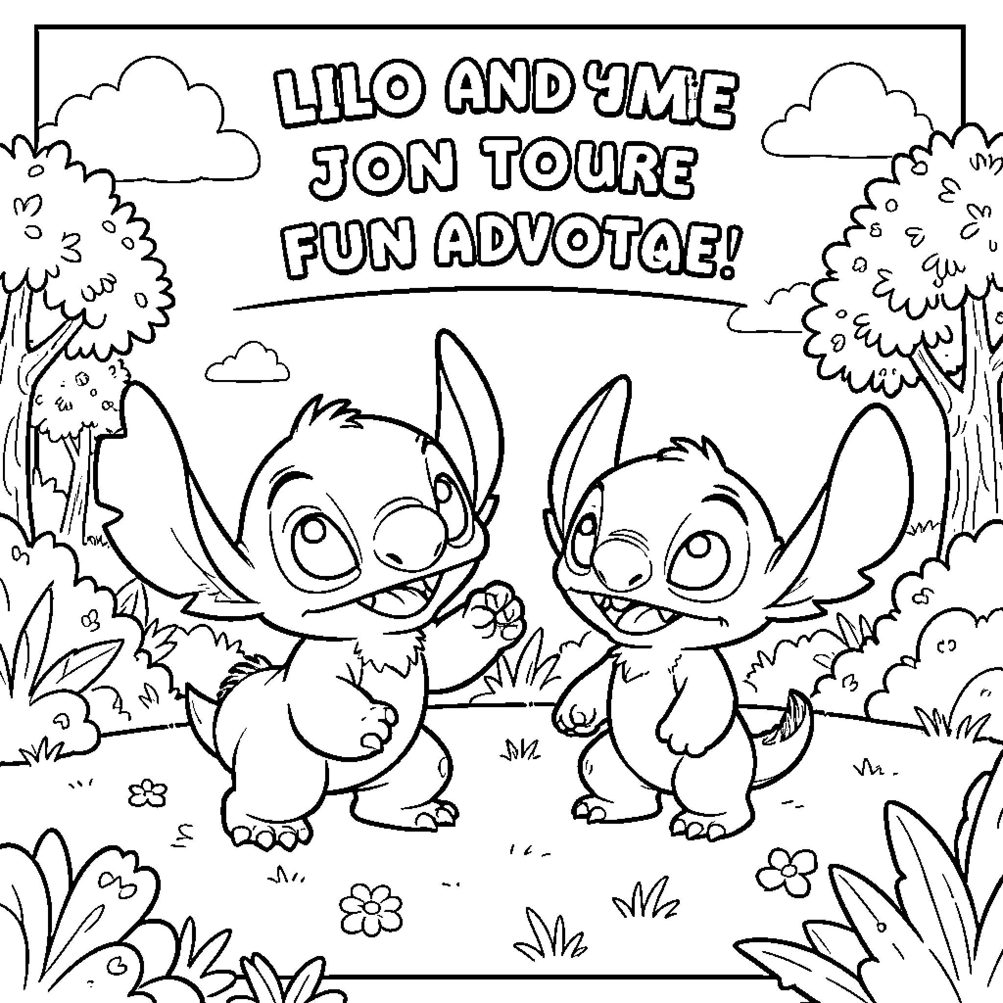 Lilo And Stitch's Fun Advotqe! Coloring Page (free black-and-white line drawing printable PDF for all, from beginners to advanced learners, including children, teens, adults, and seniors)