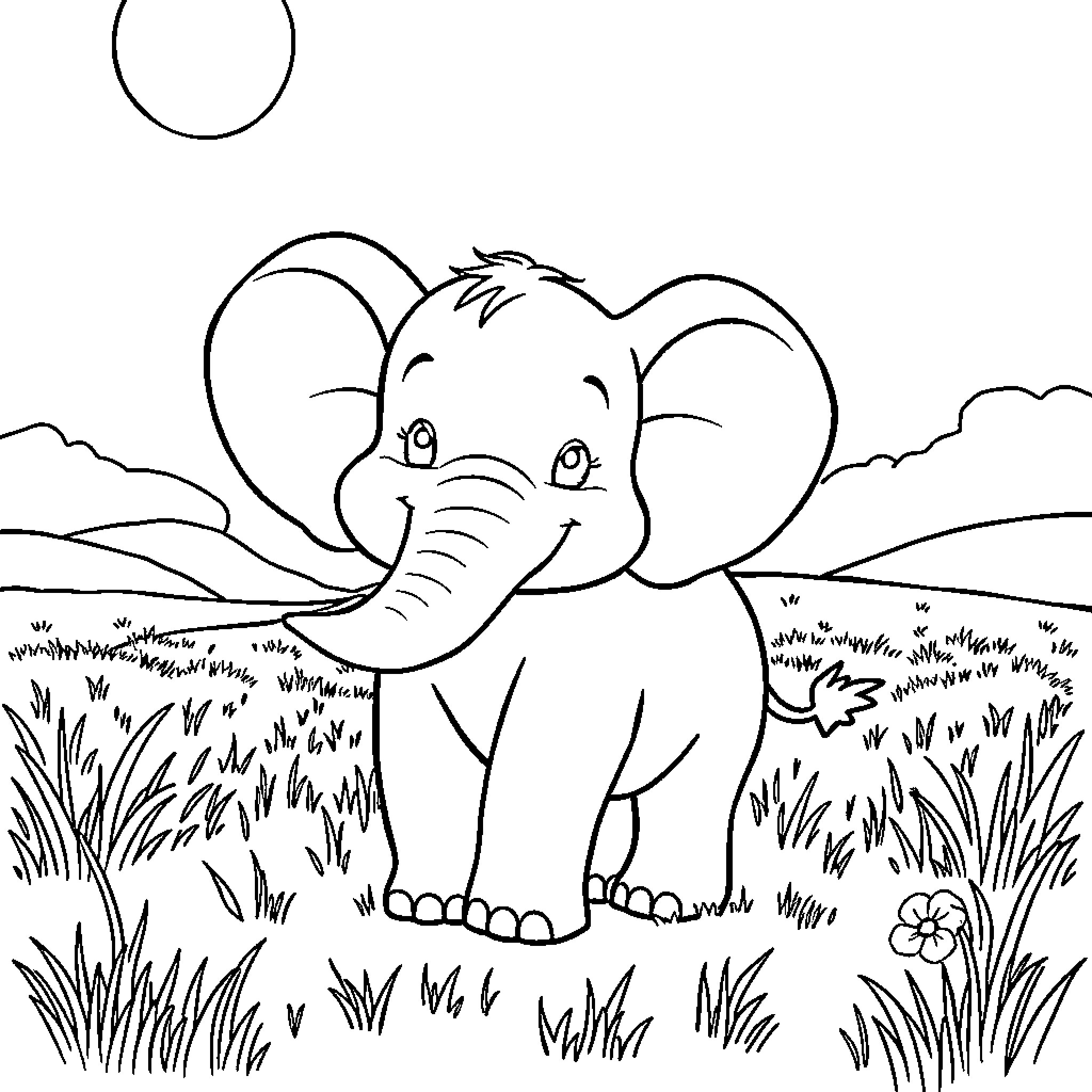 Elephant enjoying the outdoors in nature Coloring Page (free black-and-white line drawing printable PDF for all, from beginners to advanced learners, including children, teens, adults, and seniors)