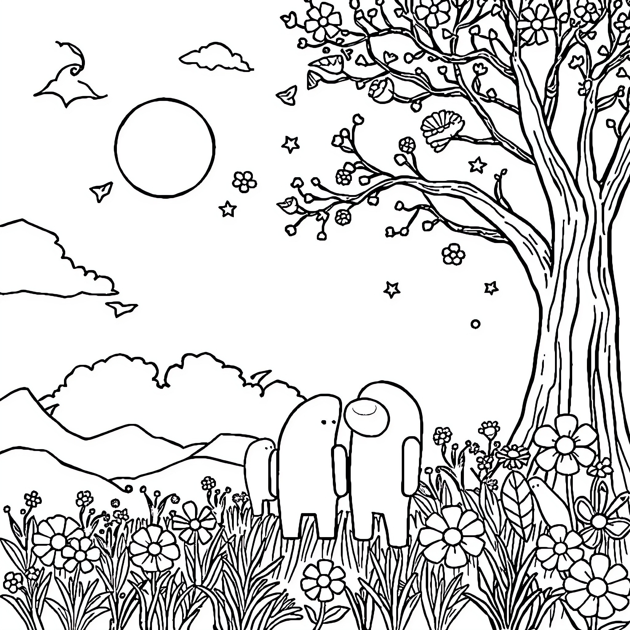 Among Us Whimsical Landscape with Floral Elements Coloring Page (free black-and-white line drawing printable PDF for all, from beginners to advanced learners, including children, teens, adults, and seniors)