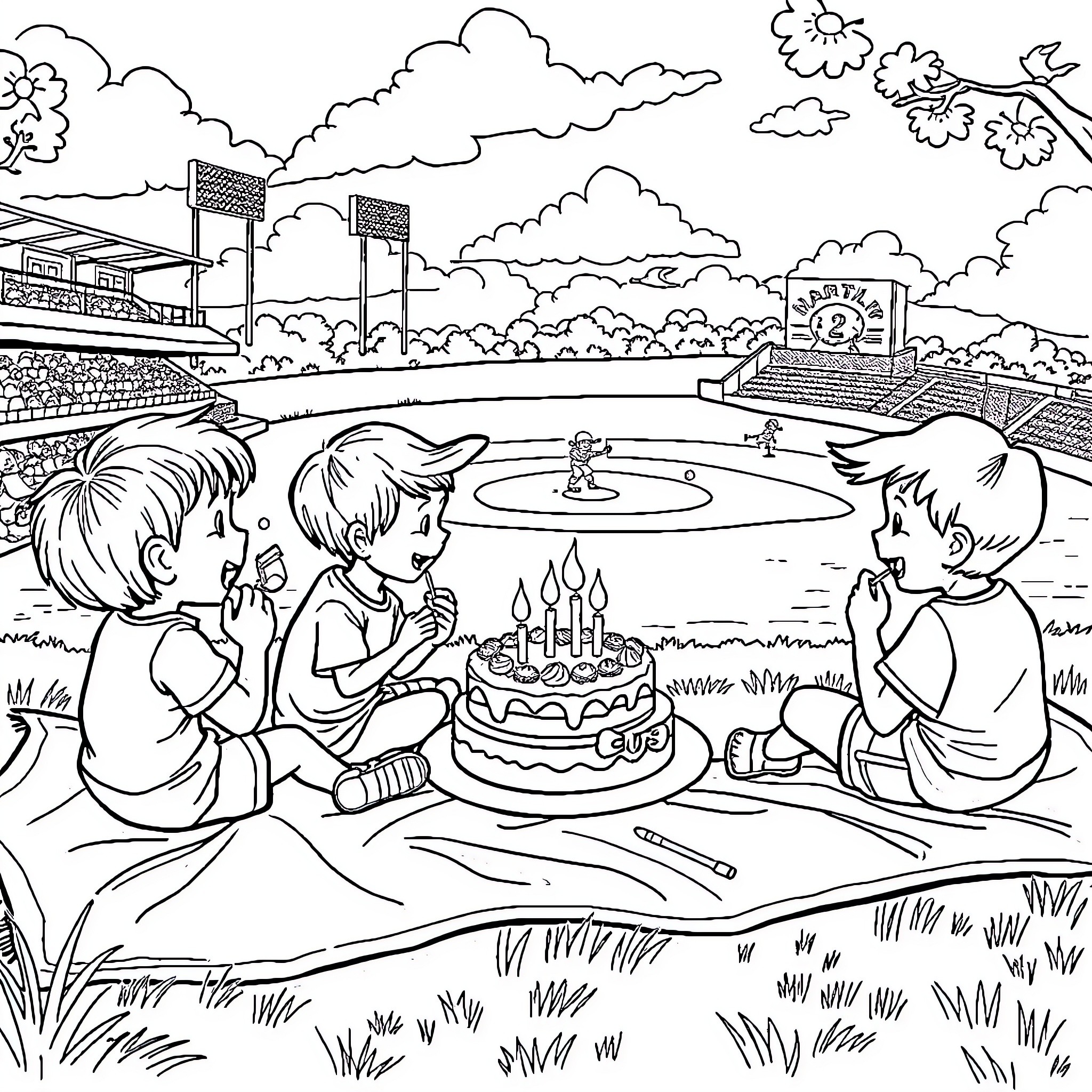 Children Celebrating Birthday at the Park Coloring Page (free black-and-white line drawing printable PDF for all, from beginners to advanced learners, including children, teens, adults, and seniors)