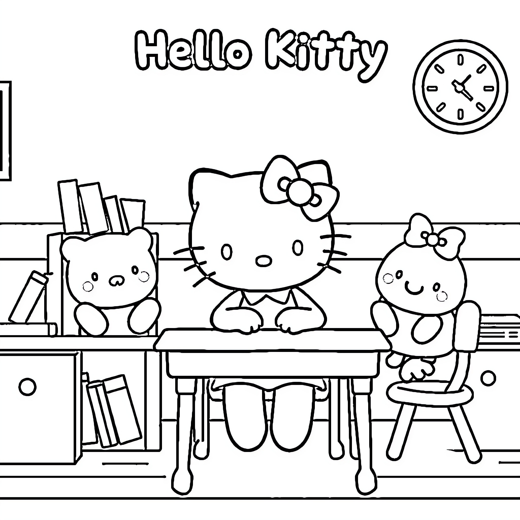 Hello Kitty and friends studying in the classroom Coloring Page (free black-and-white line drawing printable PDF for all, from beginners to advanced learners, including children, teens, adults, and seniors)