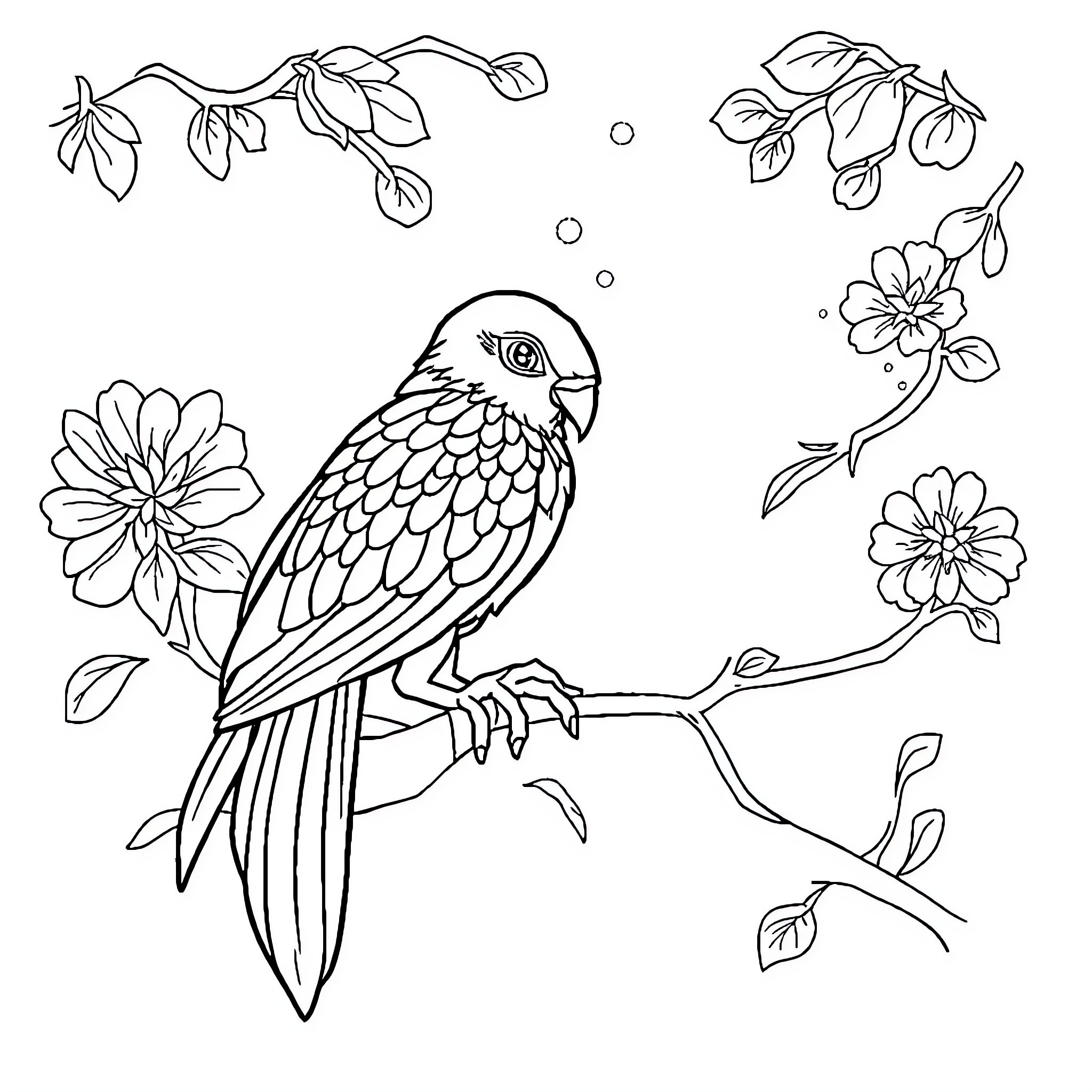 Linera's Floral Avian Delight Coloring Page (free black-and-white line drawing printable PDF for all, from beginners to advanced learners, including children, teens, adults, and seniors)