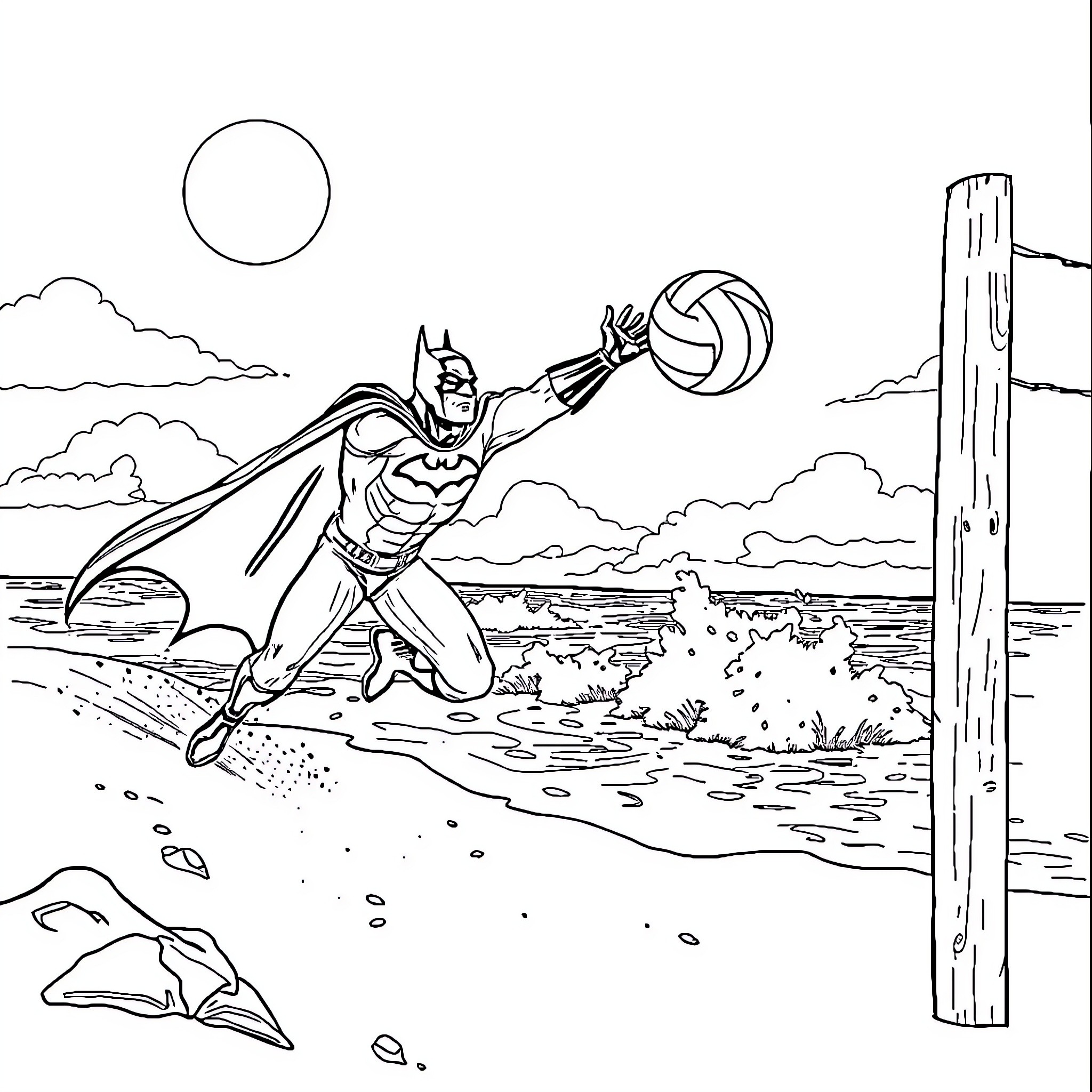 Batman Leaps into Action amid Dramatic Scenery Coloring Page (free black-and-white line drawing printable PDF for all, from beginners to advanced learners, including children, teens, adults, and seniors)