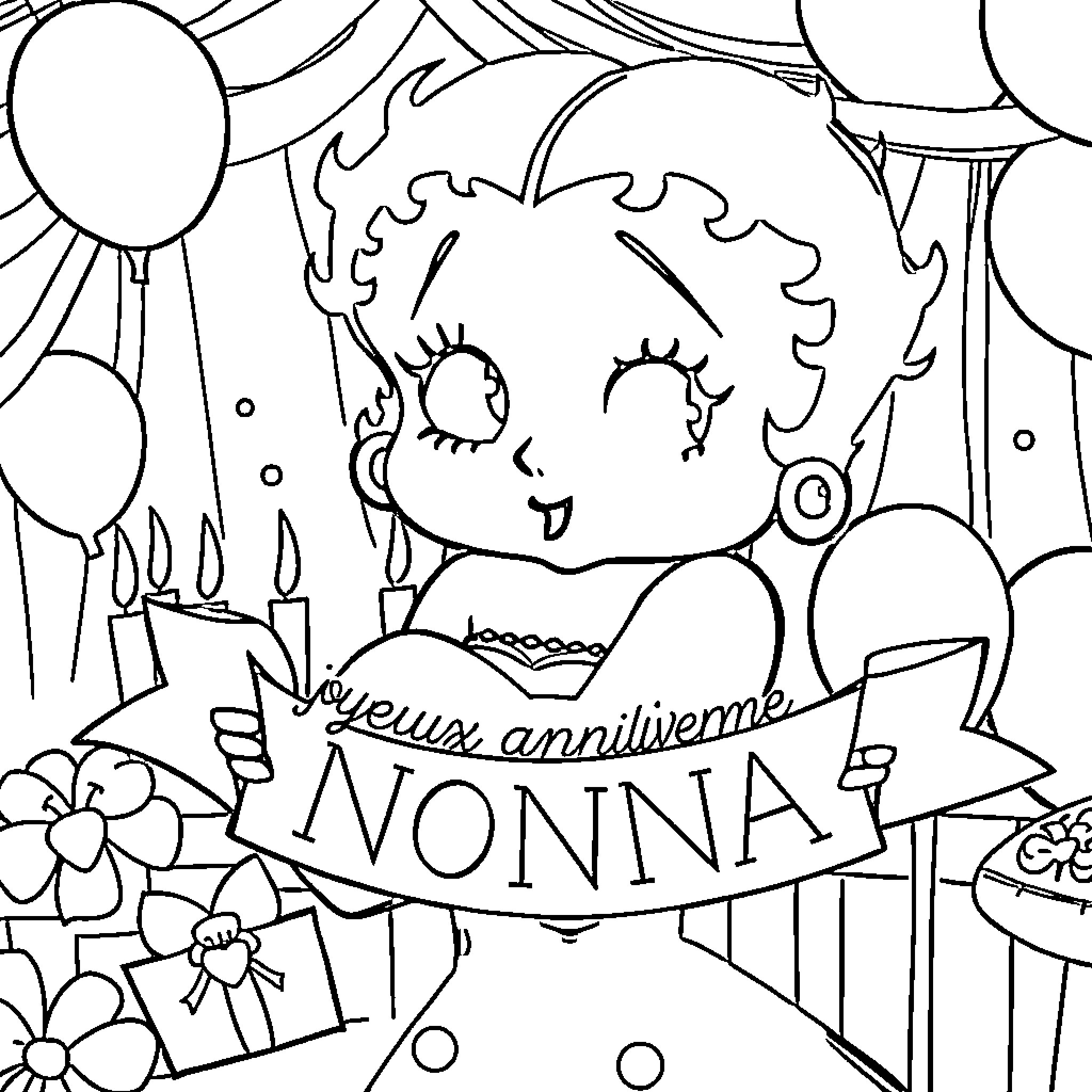 Betty Boop celebrating a birthday with balloons and gifts Coloring Page (free black-and-white line drawing printable PDF for all, from beginners to advanced learners, including children, teens, adults, and seniors)