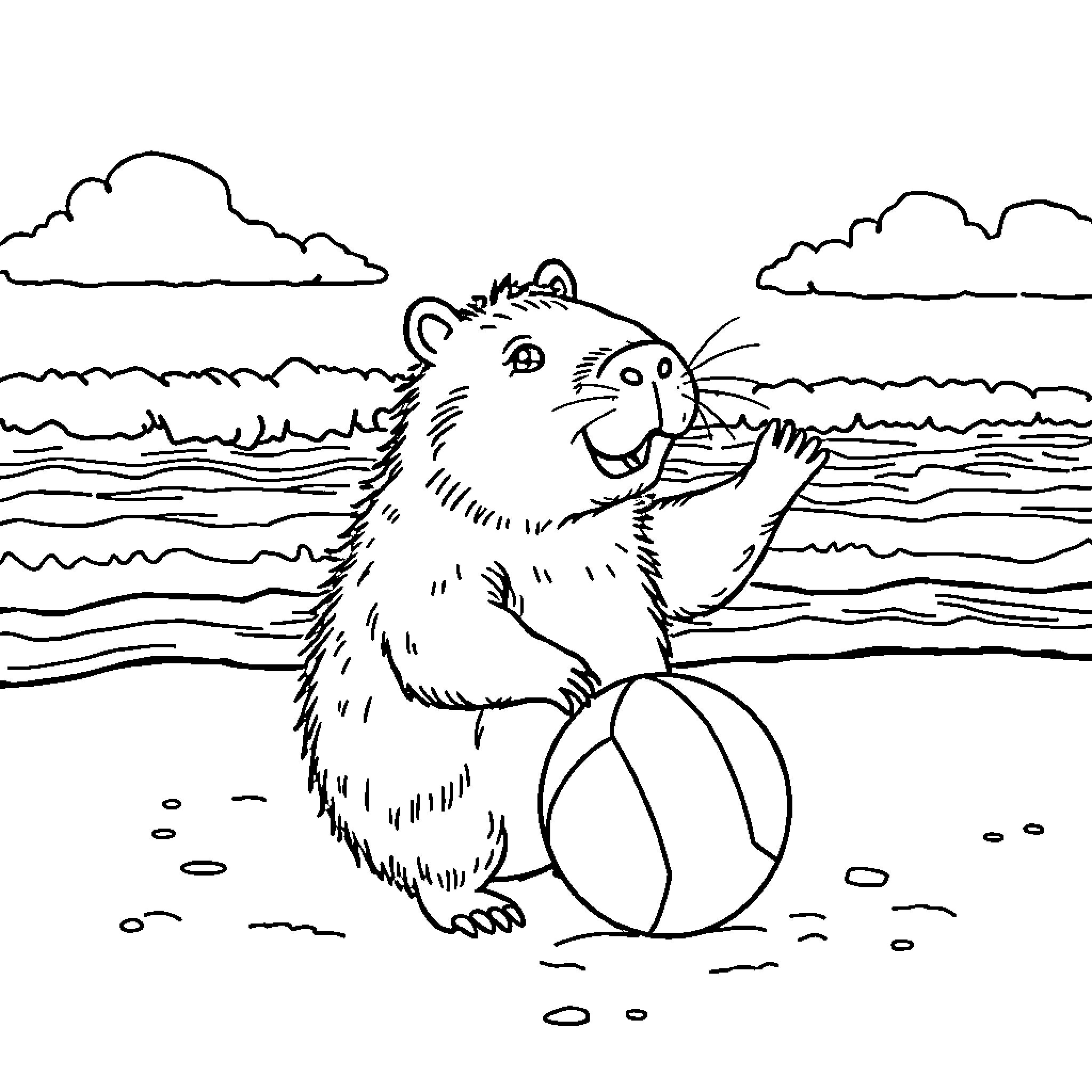 Capybara playing with beach ball on the shore Coloring Page (free black-and-white line drawing printable PDF for all, from beginners to advanced learners, including children, teens, adults, and seniors)