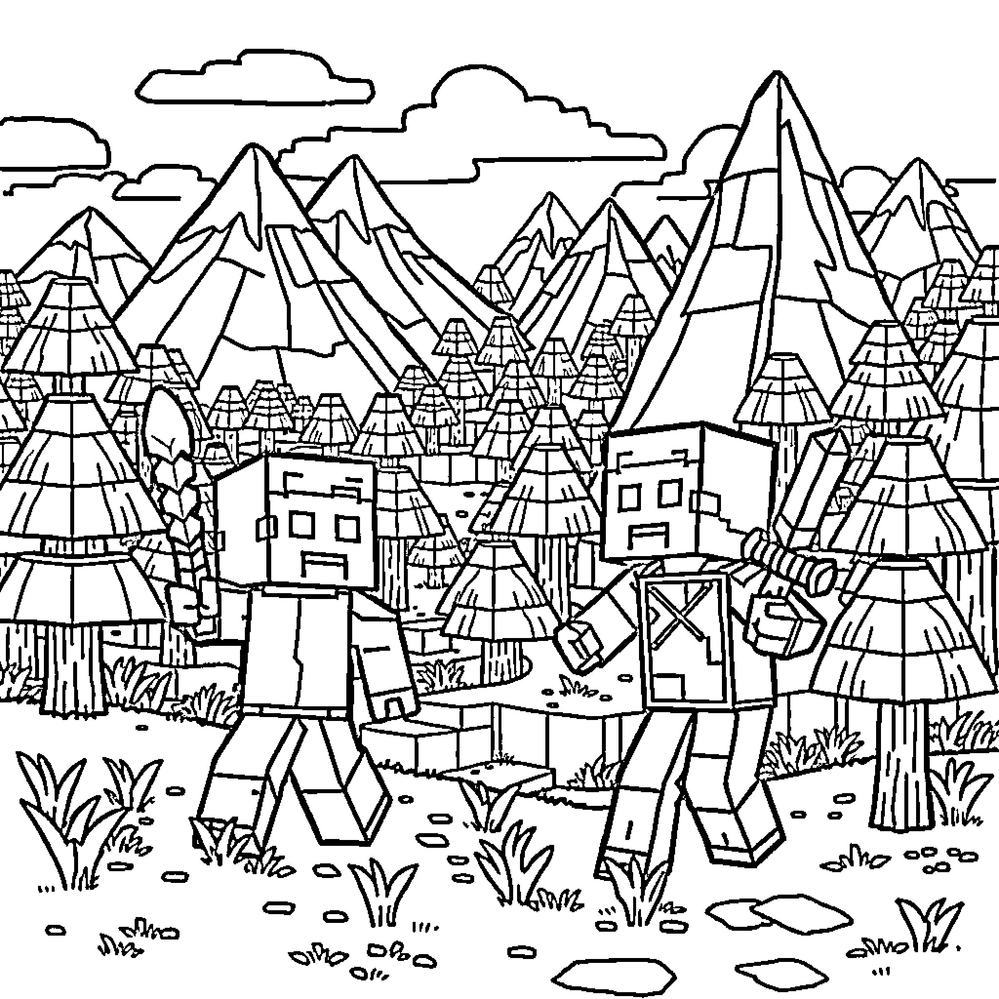 Numberblocks exploring a whimsical mountain village Coloring Page (free black-and-white line drawing printable PDF for all, from beginners to advanced learners, including children, teens, adults, and seniors)