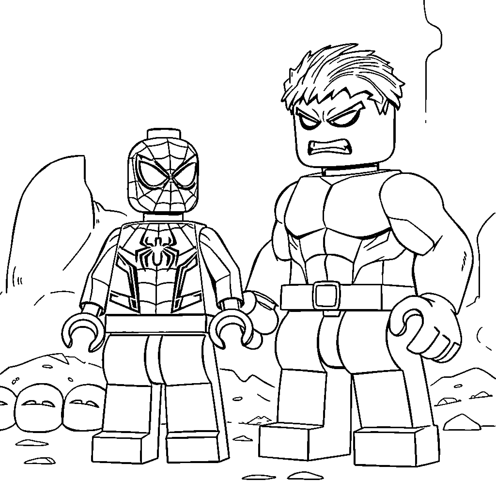 Spiderman and Hulk in action-packed scene Coloring Page (free black-and-white line drawing printable PDF for all, from beginners to advanced learners, including children, teens, adults, and seniors)