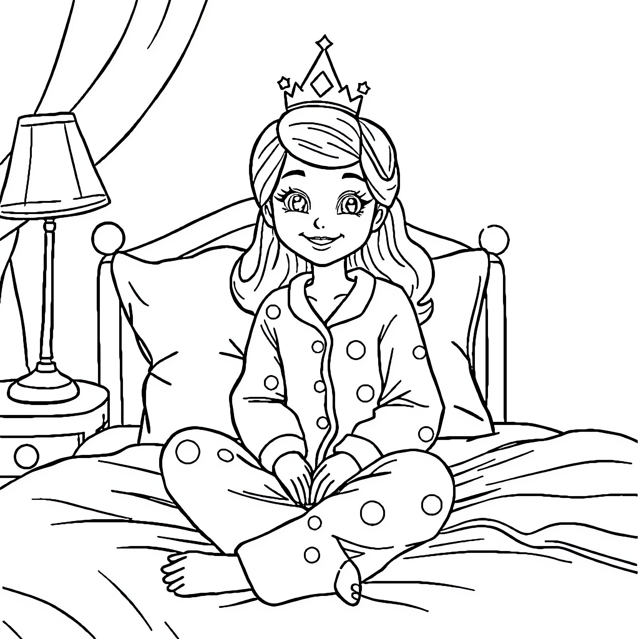 Princess relaxing on her bed in the palace Coloring Page (free black-and-white line drawing printable PDF for all, from beginners to advanced learners, including children, teens, adults, and seniors)