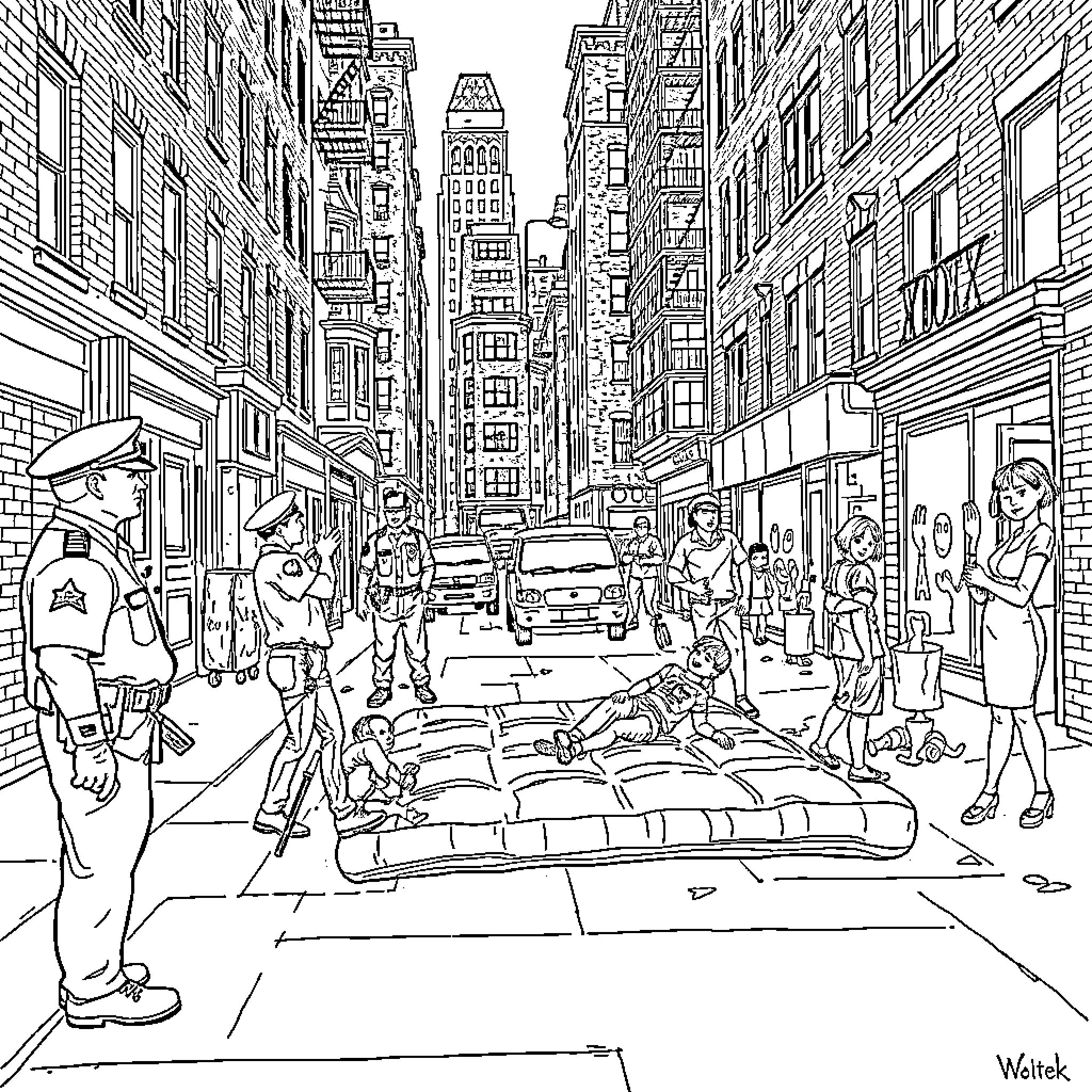 Child in busy city street scene with people Coloring Page (free black-and-white line drawing printable PDF for all, from beginners to advanced learners, including children, teens, adults, and seniors)
