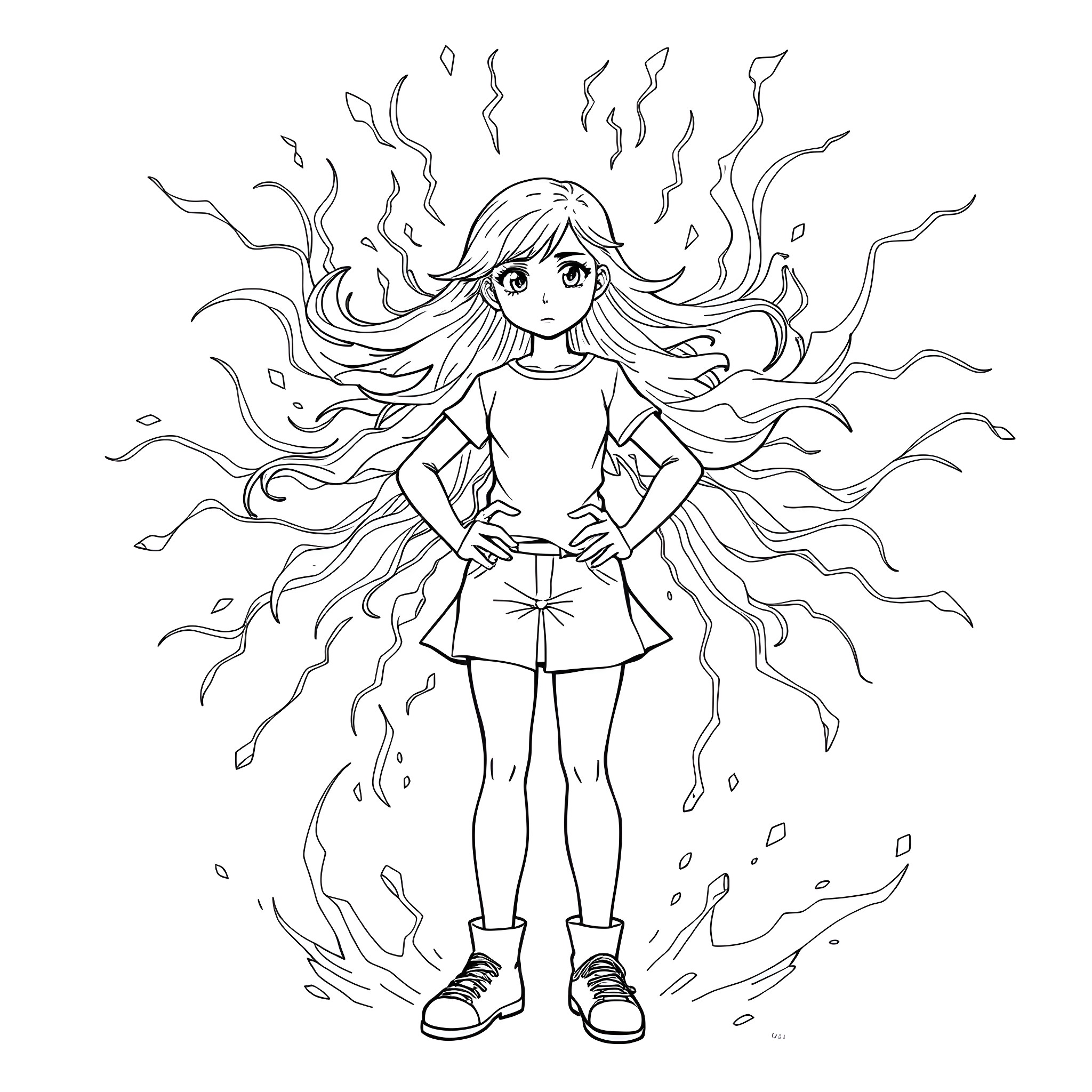 Girl with Flowing Hair and Fiery Expressions Coloring Page (free black-and-white line drawing printable PDF for all, from beginners to advanced learners, including children, teens, adults, and seniors)
