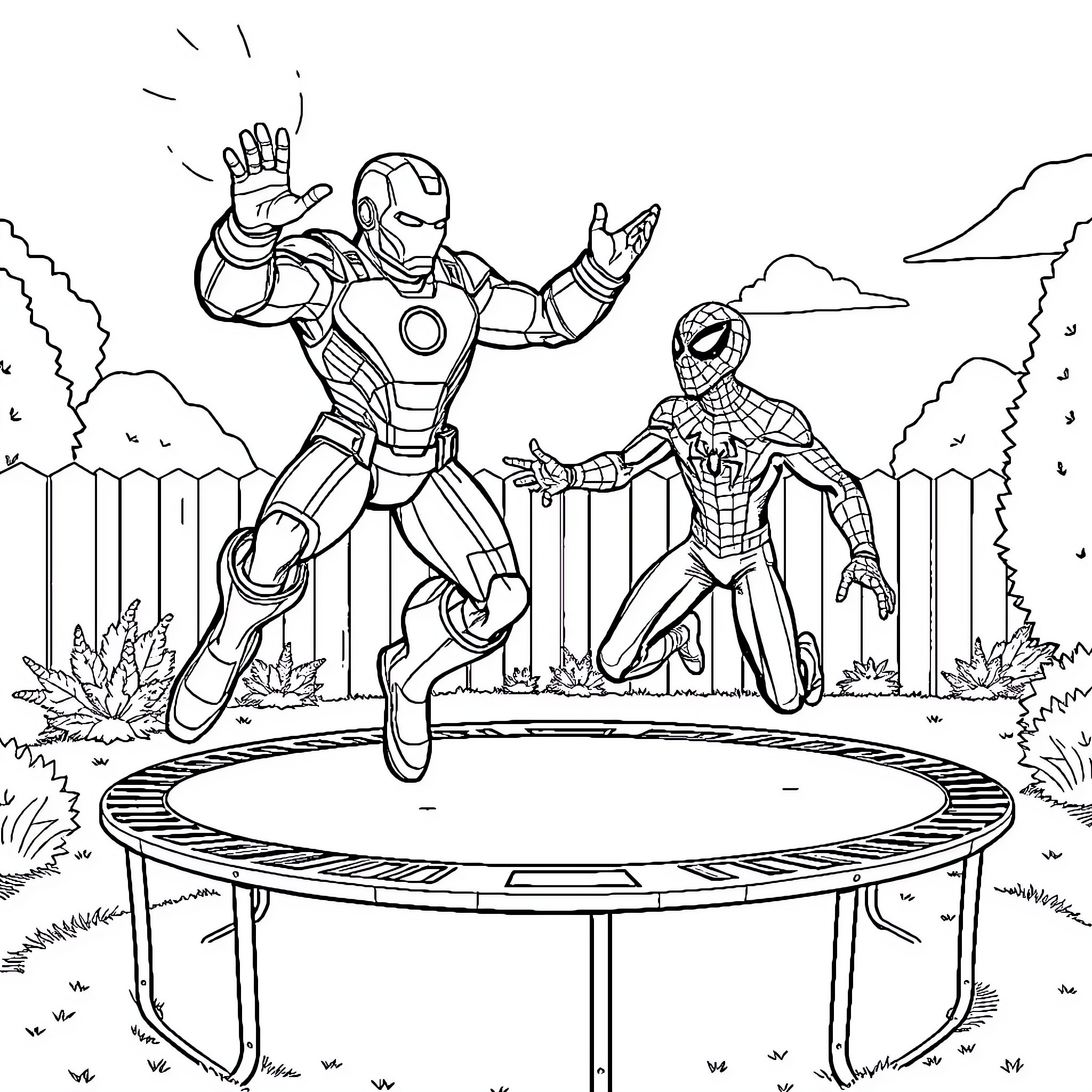 Iron Man and Spider-Man's Heroic Encounter Coloring Page (free black-and-white line drawing printable PDF for all, from beginners to advanced learners, including children, teens, adults, and seniors)