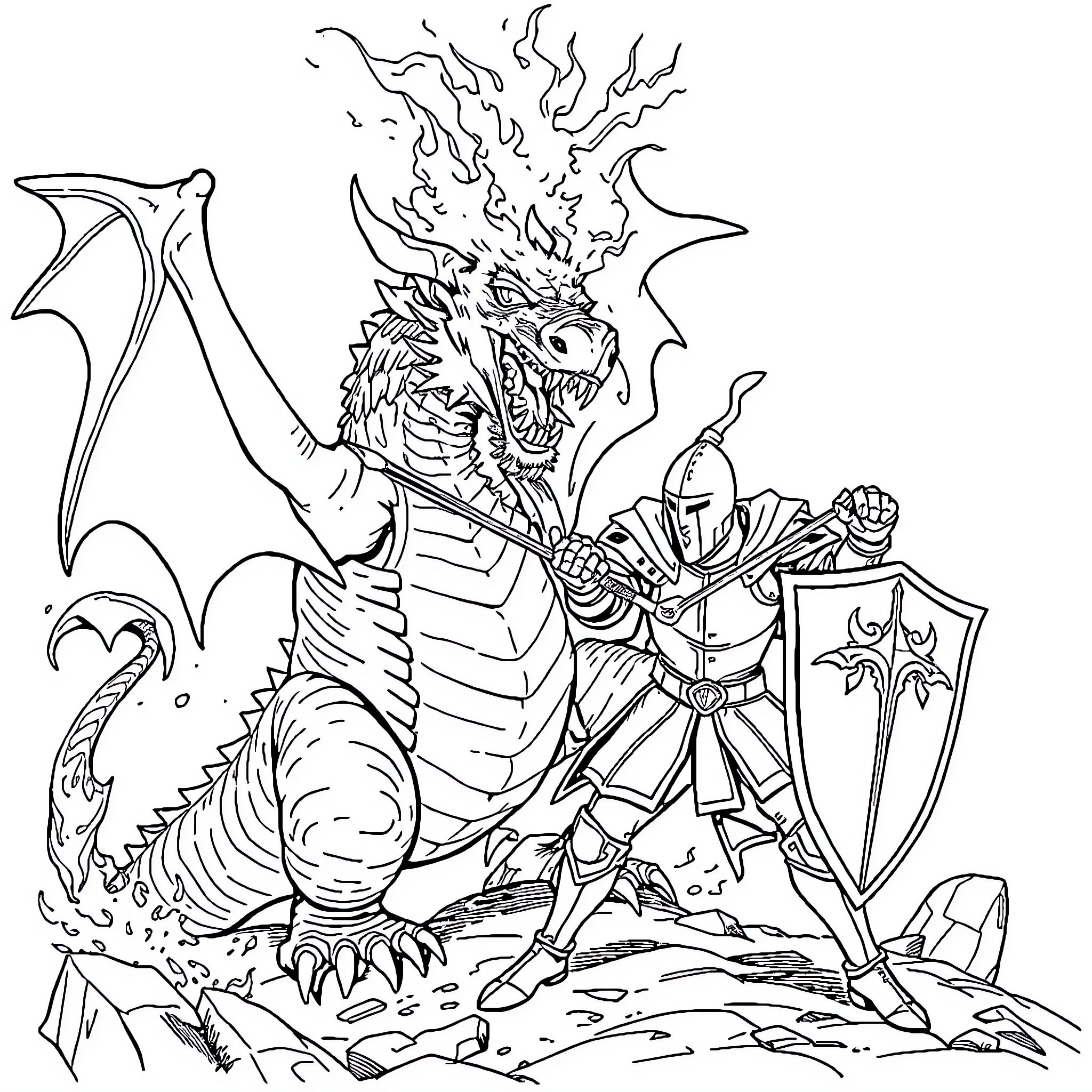 Dragon Knight confronting fearsome winged dragon Coloring Page (free black-and-white line drawing printable PDF for all, from beginners to advanced learners, including children, teens, adults, and seniors)