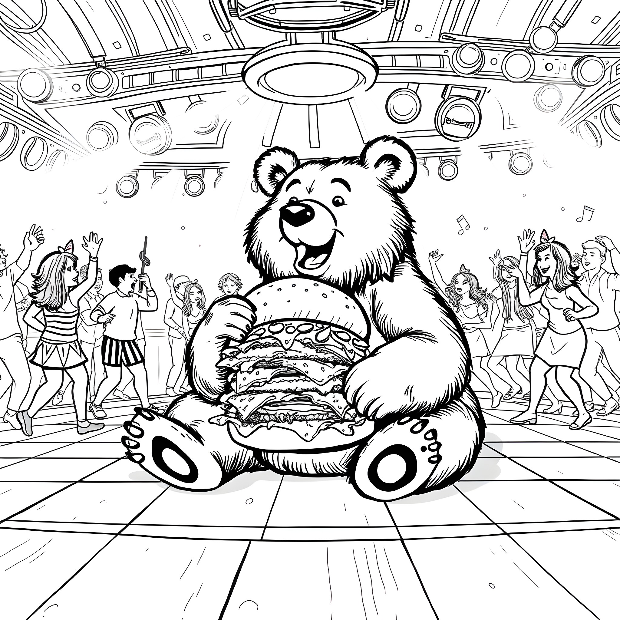 Bear enjoying a giant burger at the party Coloring Page (free black-and-white line drawing printable PDF for all, from beginners to advanced learners, including children, teens, adults, and seniors)