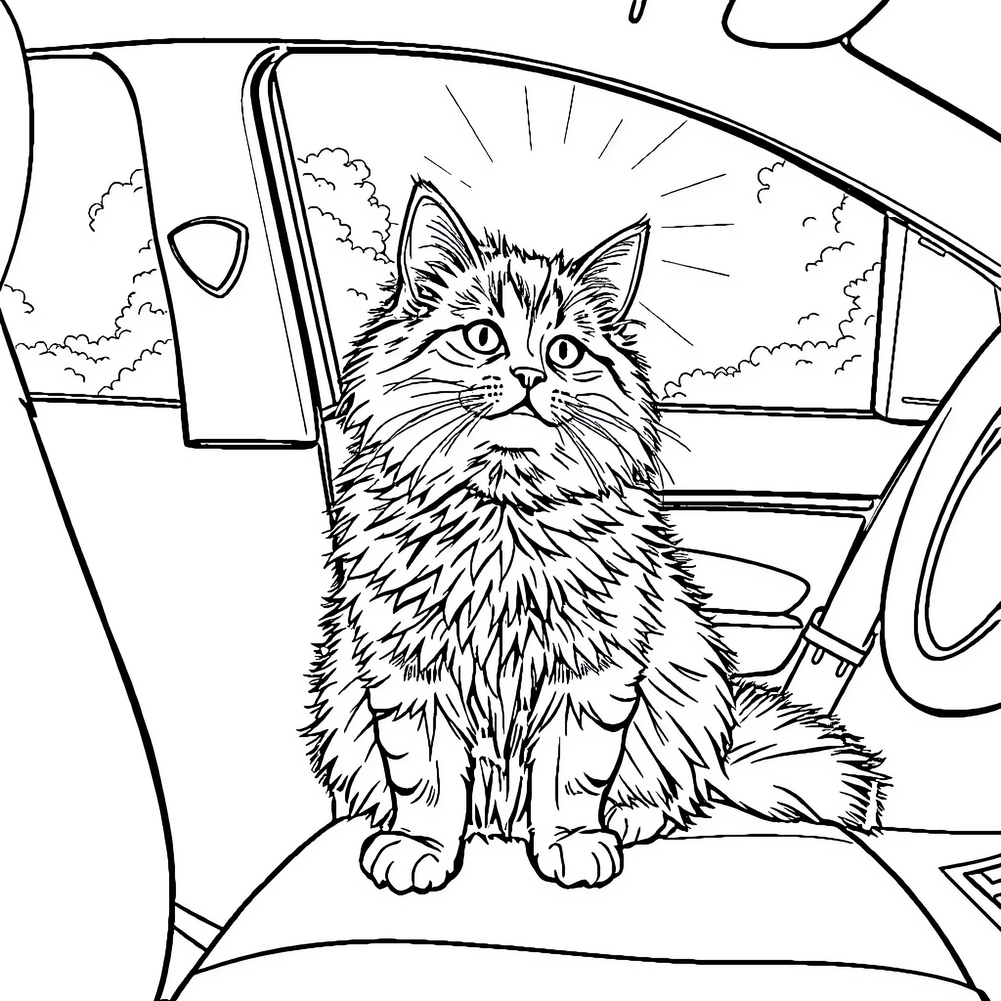 Cat staring curiously through car window Coloring Page (free black-and-white line drawing printable PDF for all, from beginners to advanced learners, including children, teens, adults, and seniors)